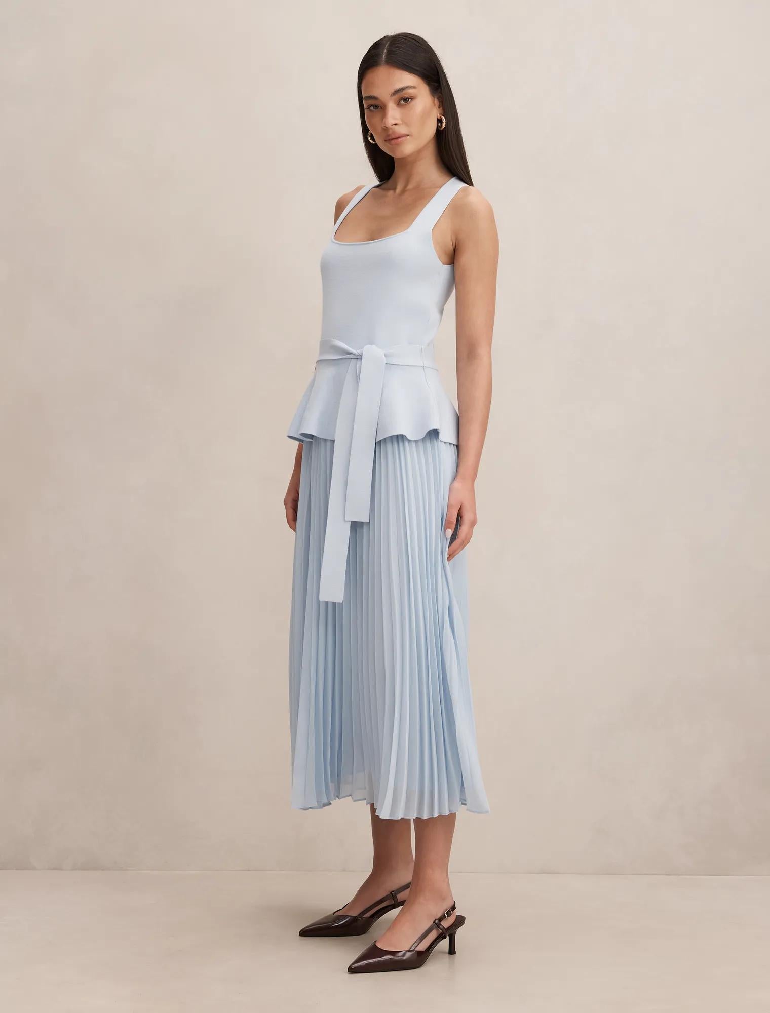 Peony Pleat Mixed Dress Cornflower Blue