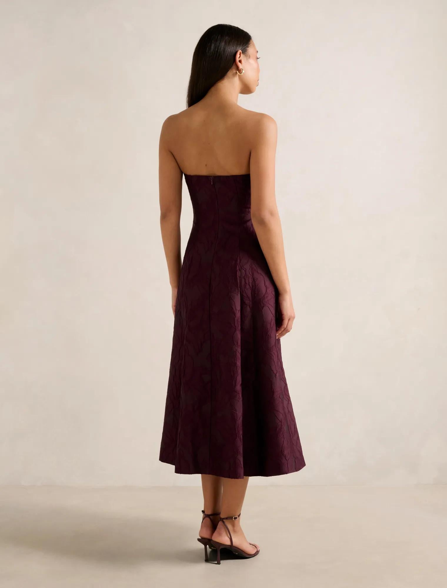 Charlotte Strapless Jacquard Midi Dress Burgundy
