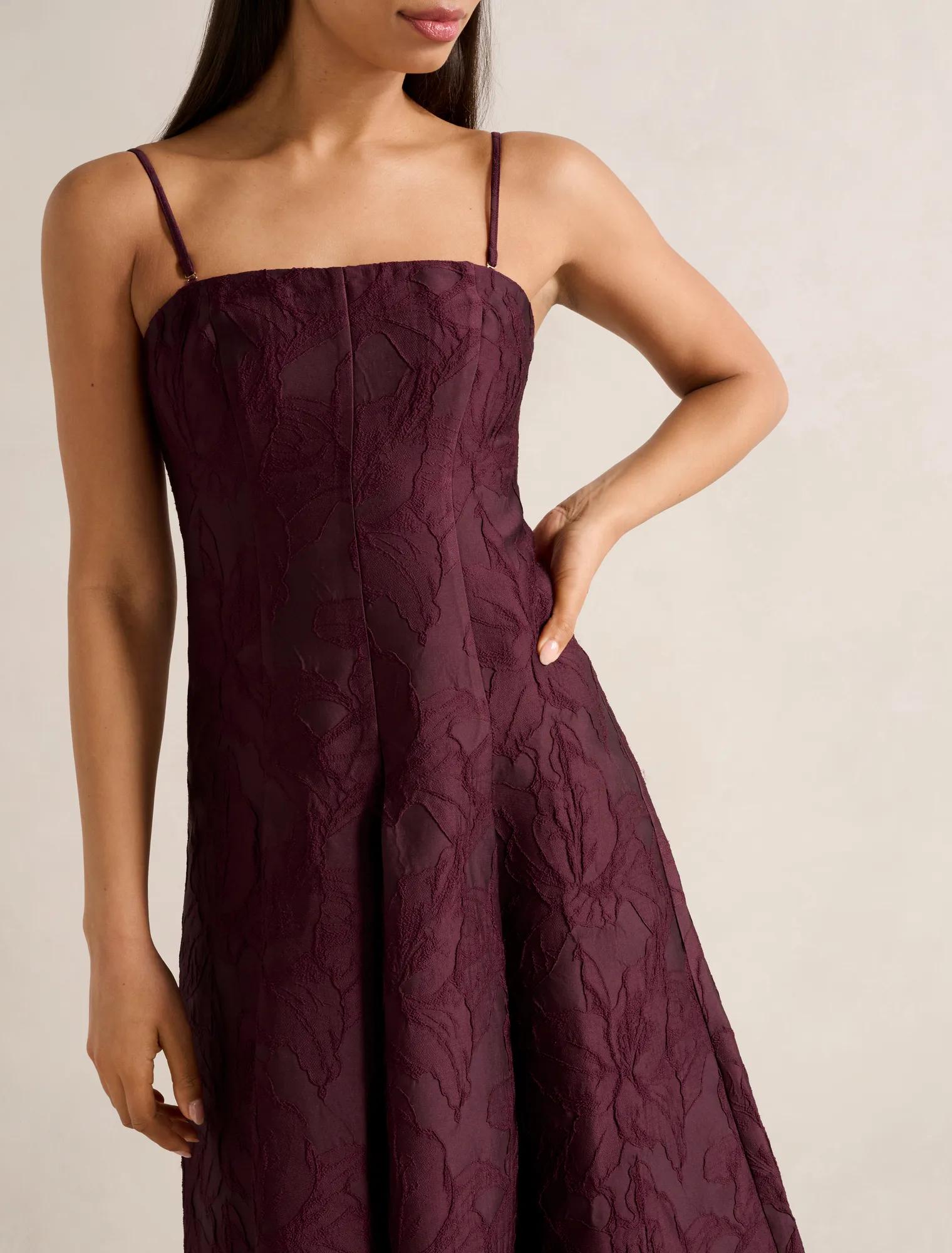 Charlotte Strapless Jacquard Midi Dress Burgundy