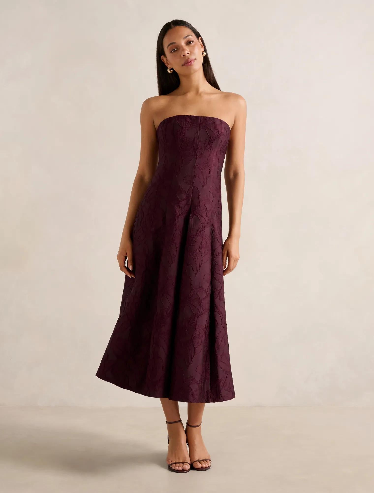 Charlotte Strapless Jacquard Midi Dress Burgundy