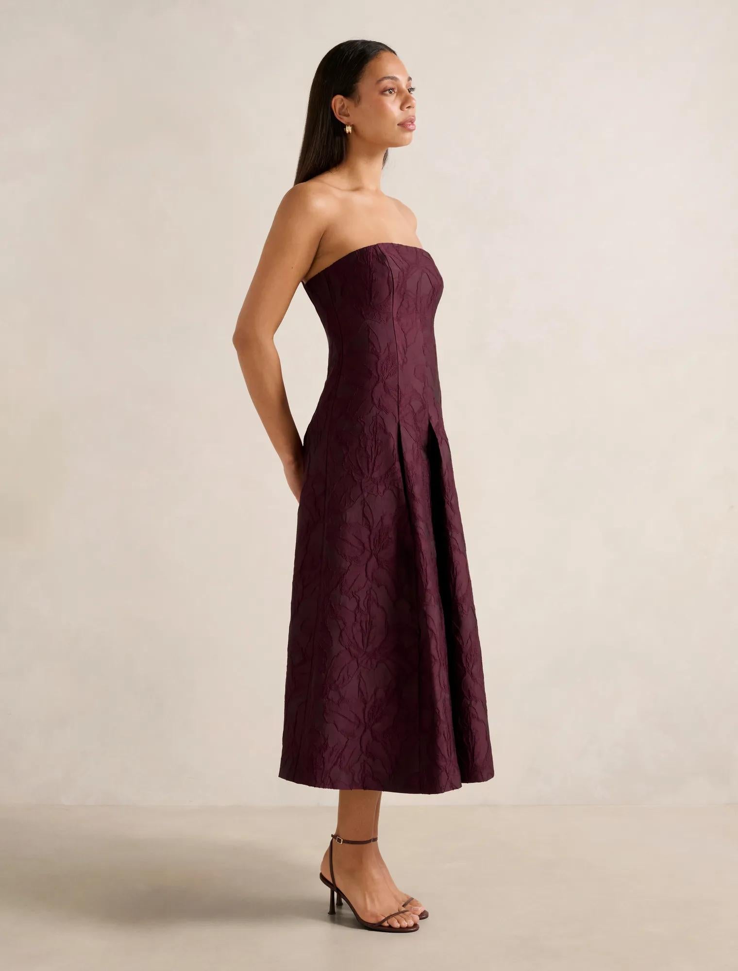 Charlotte Strapless Jacquard Midi Dress Burgundy