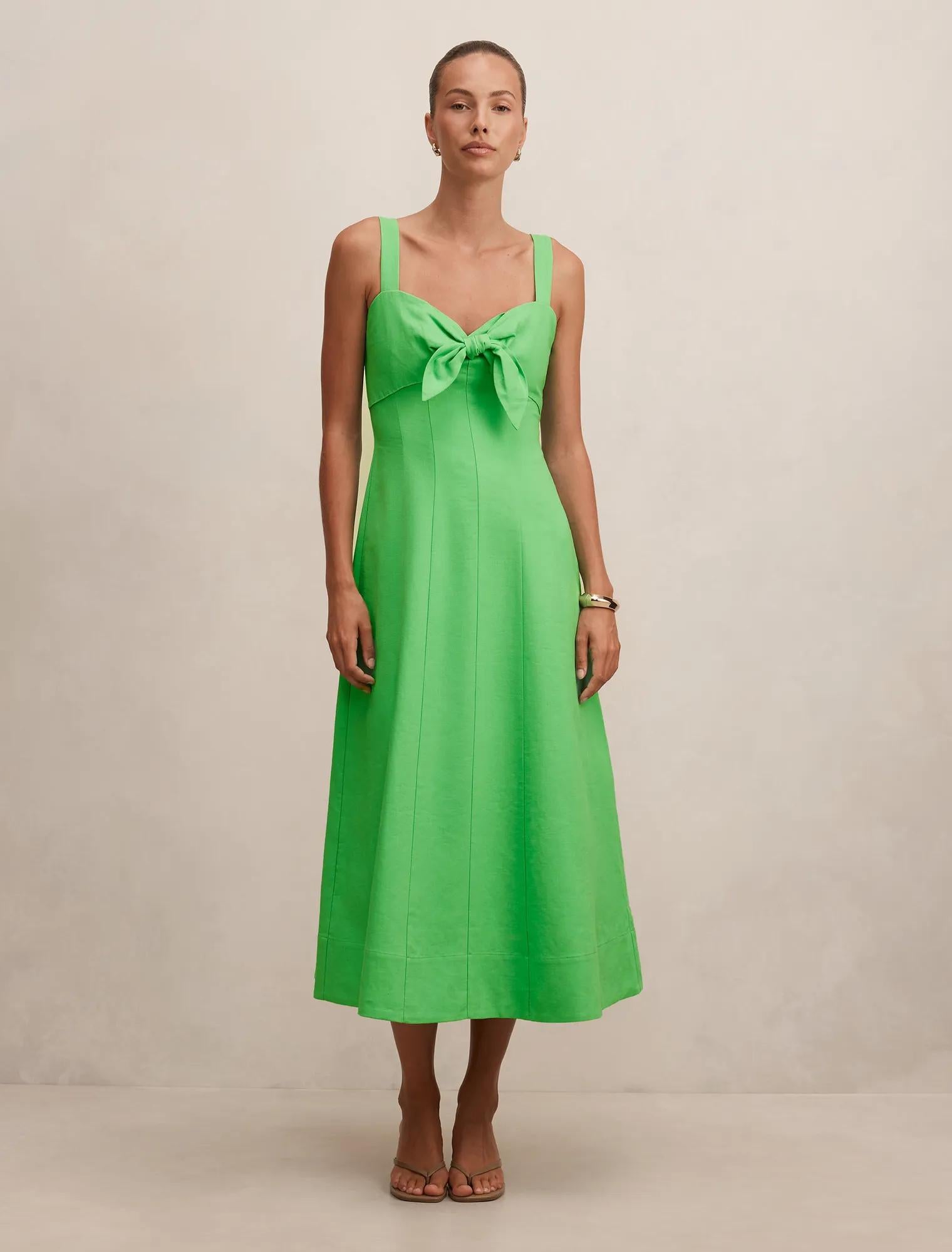 Kara Tie Front Linen Midi Dress Shamrock