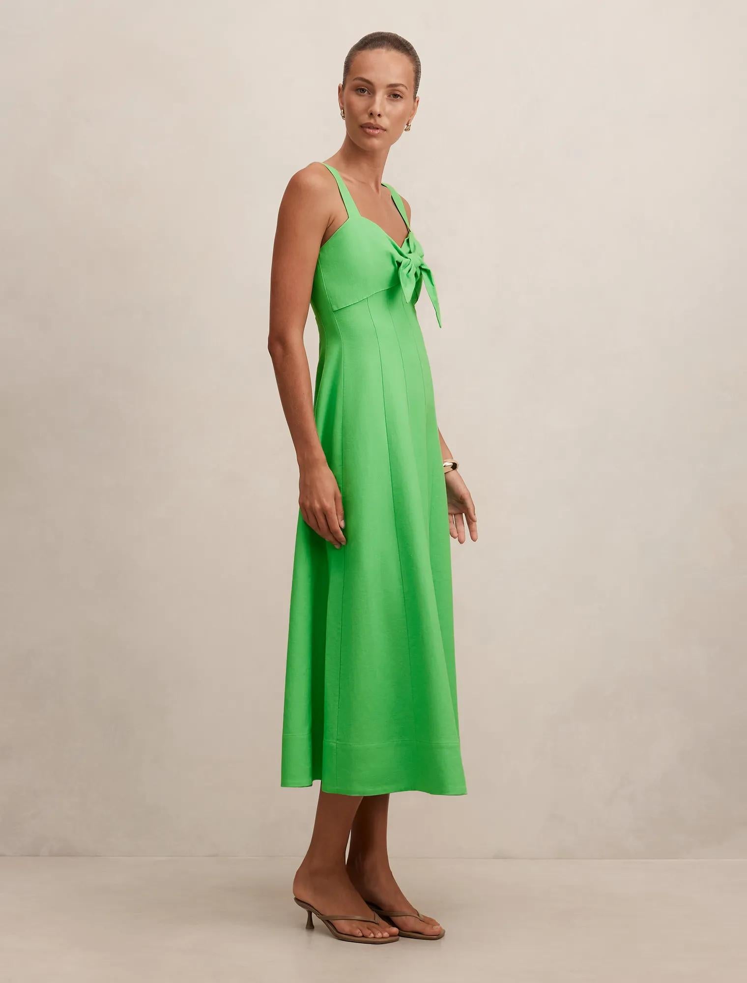 Kara Tie Front Linen Midi Dress Shamrock