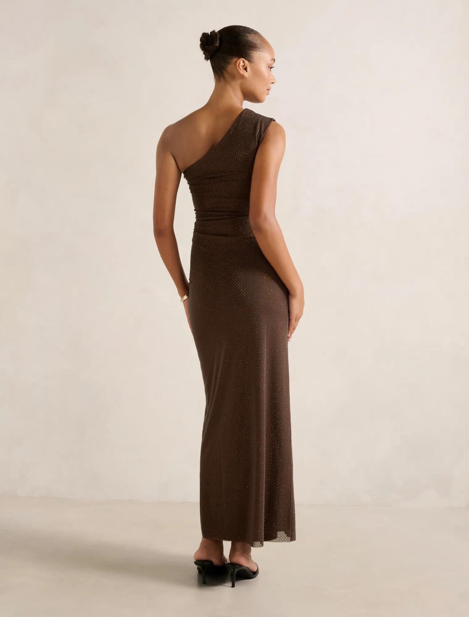 Audrina One Shoulder Heatseal Maxi Chocolate