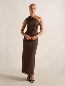 Audrina One Shoulder Heatseal Maxi Chocolate