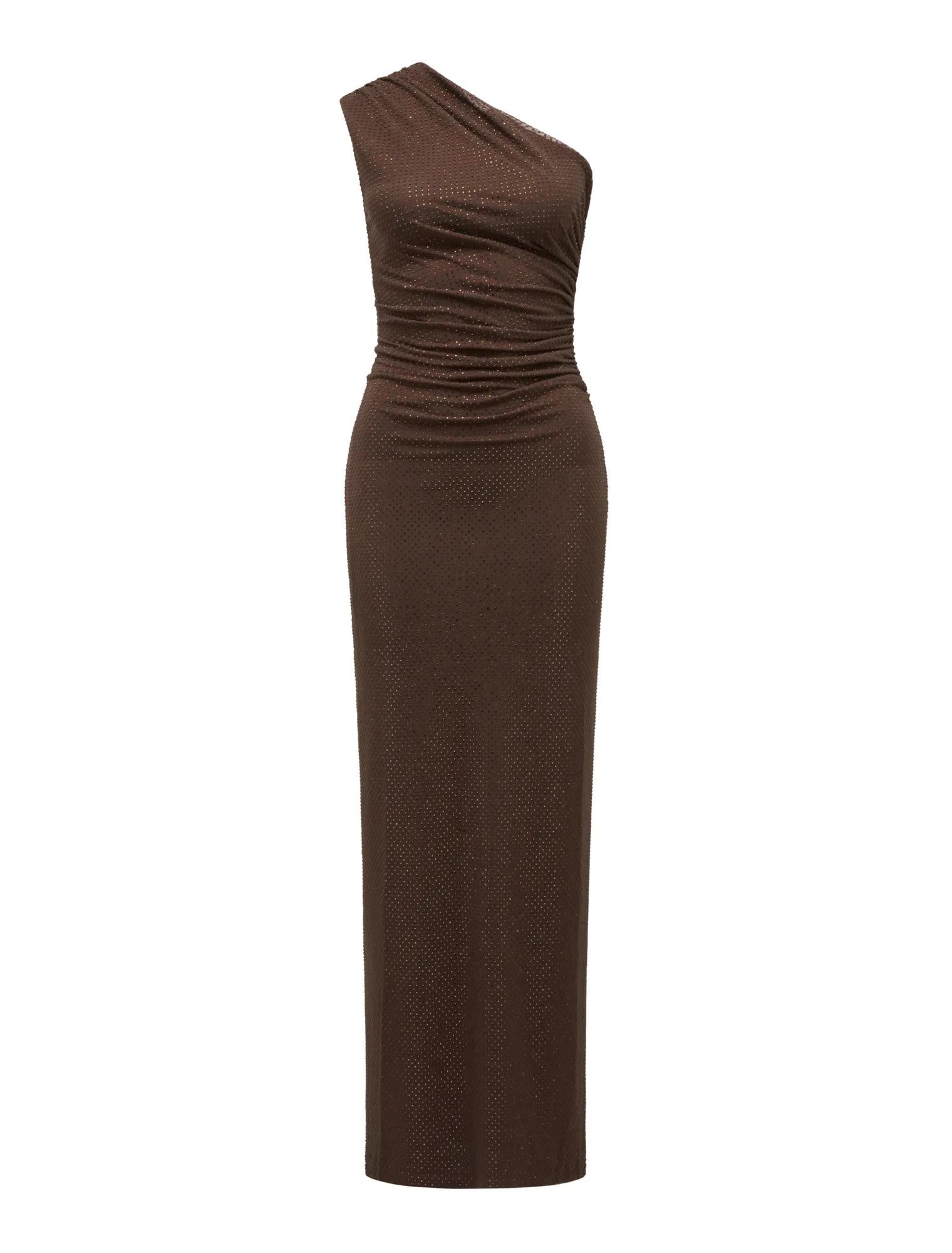 Audrina One Shoulder Heatseal Maxi Chocolate_mannequin