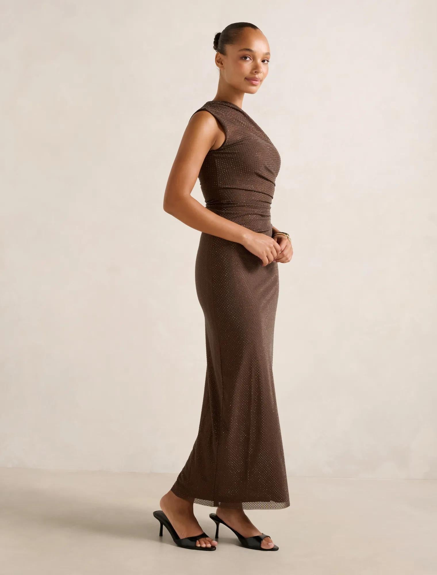 Audrina One Shoulder Heatseal Maxi Chocolate