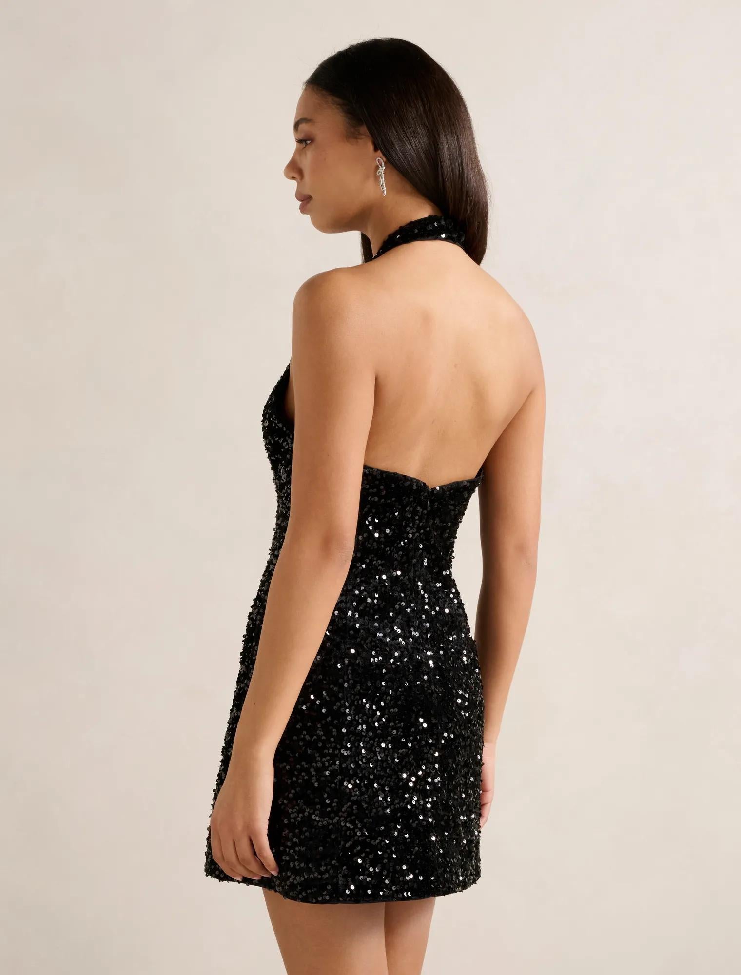 Riley Sequin Halter Mini Dress Black