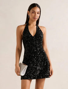 Riley Sequin Halter Mini Dress Black