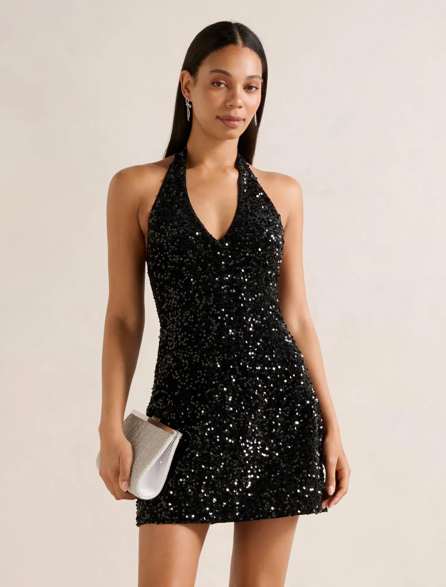 Riley Sequin Halter Mini Dress Black