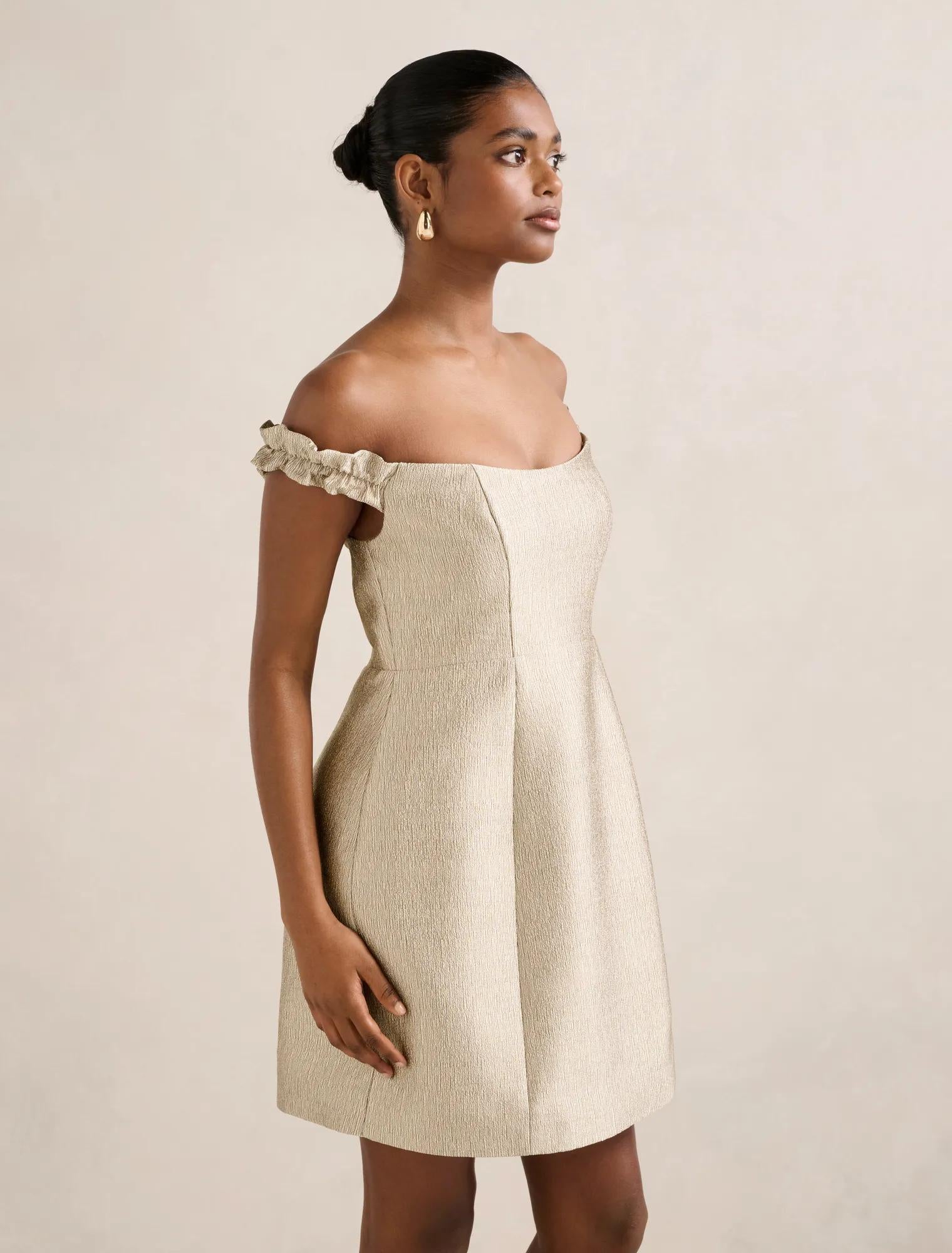 Mandy Petite Bardot Ruffle Mini Gold