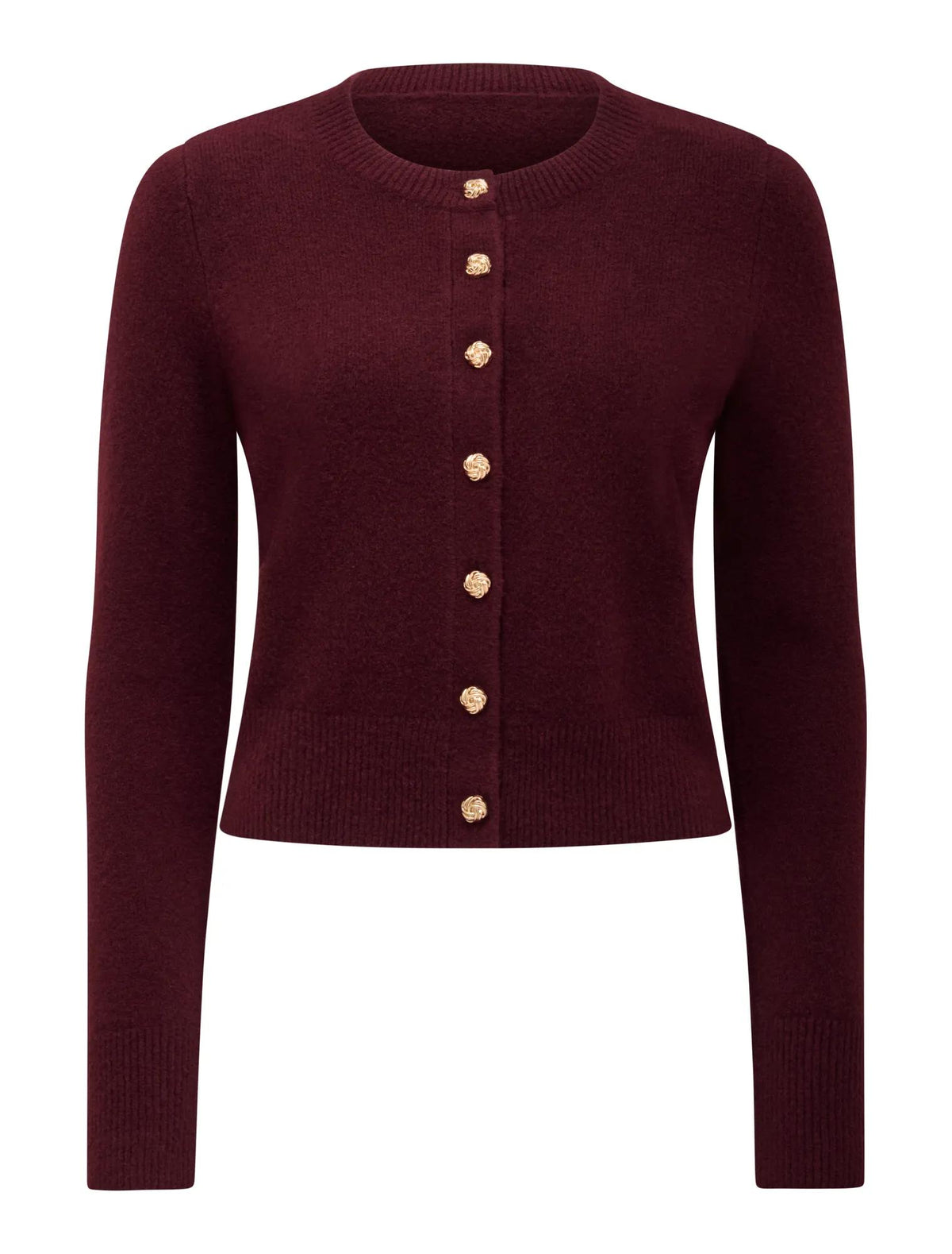 May Petite Crew Neck Cardigan Dark Roseberry_mannequin