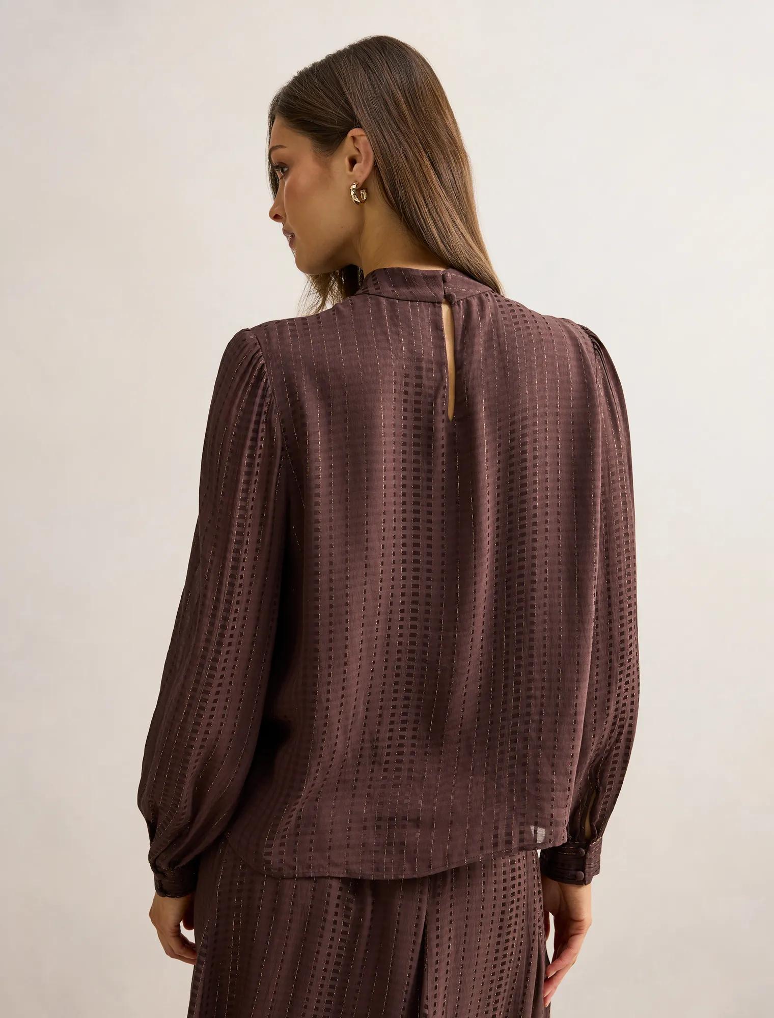 Preslee Neck Tie Blouse Chocolate Metalic Co-ord