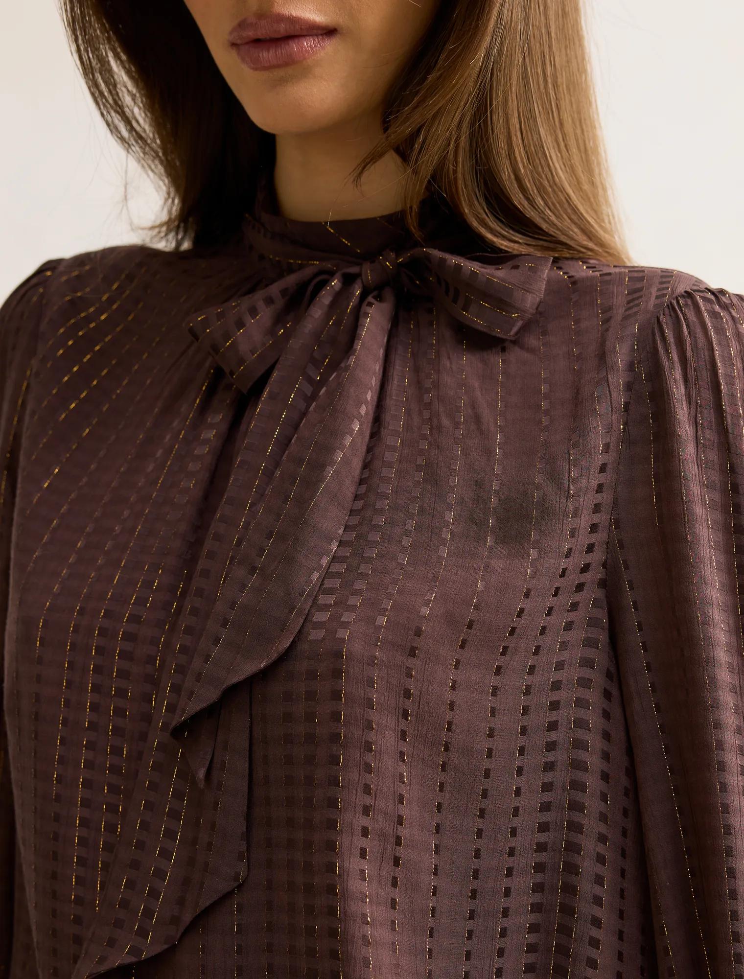 Preslee Neck Tie Blouse Chocolate Metalic Co-ord
