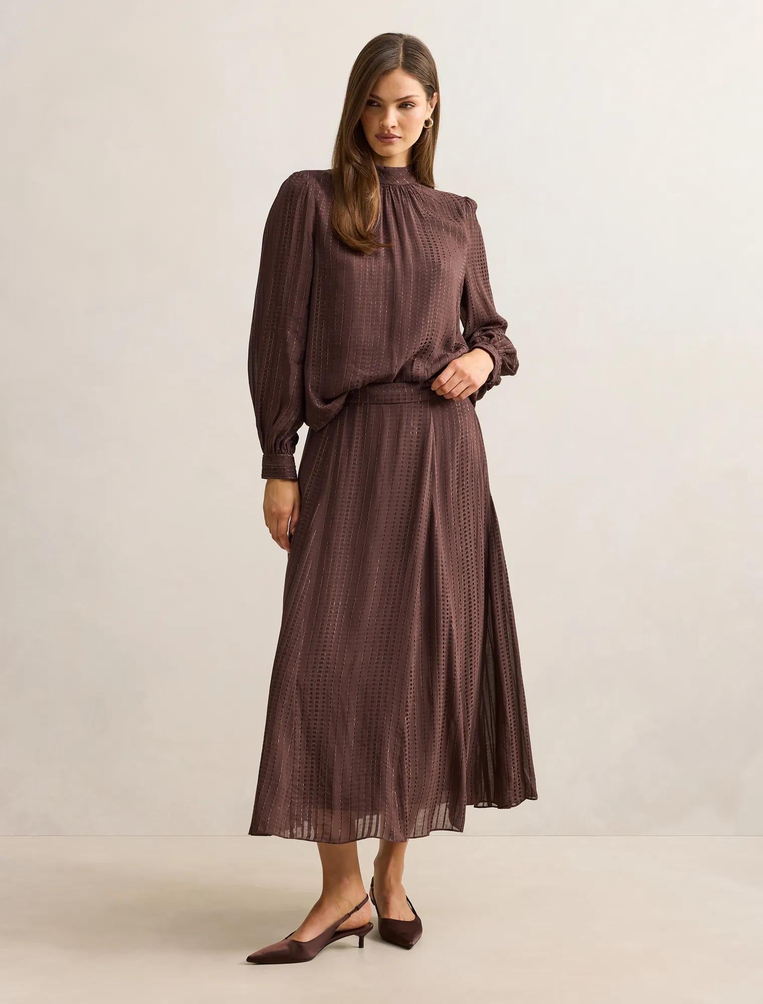 Preslee Godet Midi Skirt Chocolate Metalic Co-ord