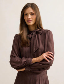 Preslee Neck Tie Blouse Chocolate Metalic Co-ord