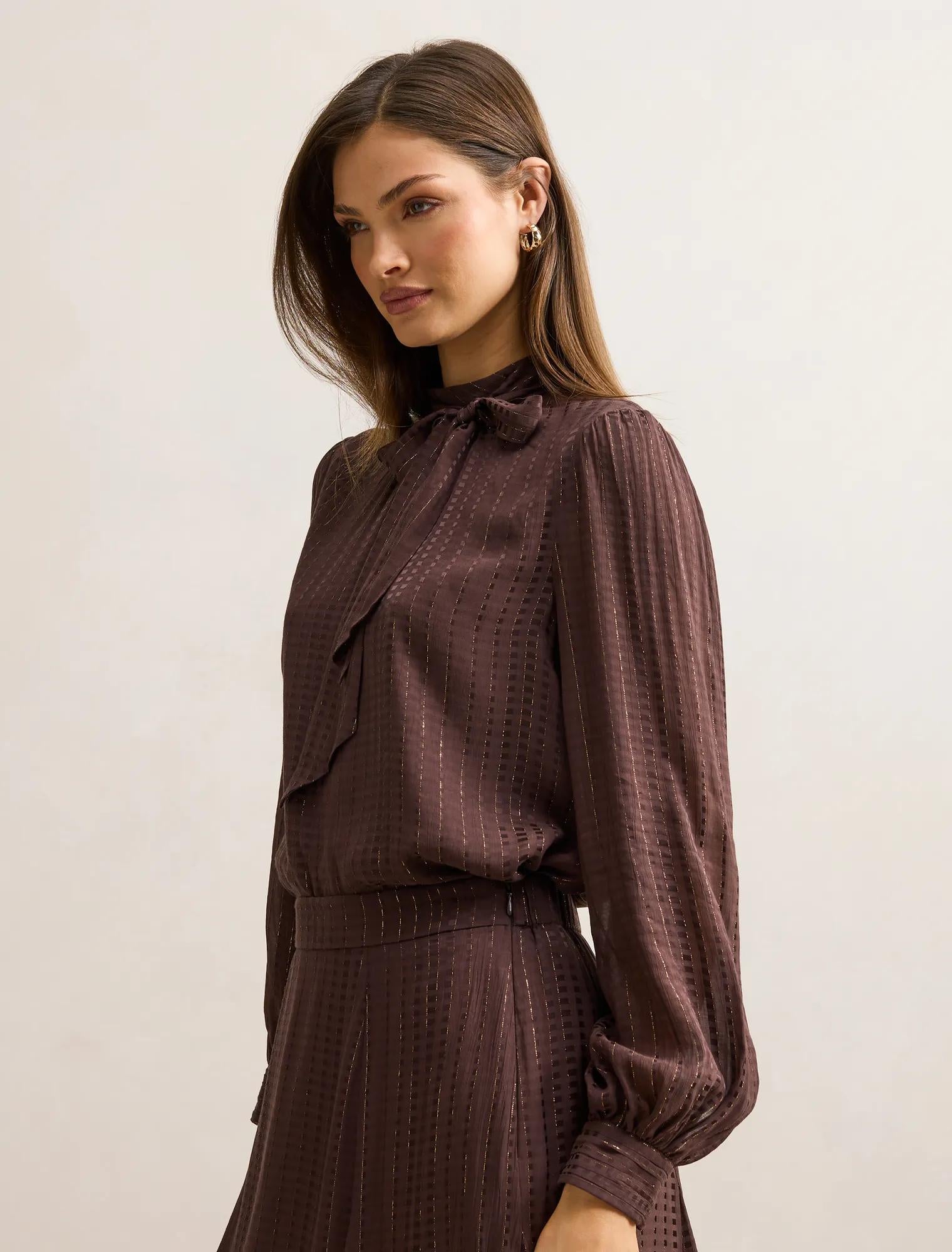 Preslee Neck Tie Blouse Chocolate Metalic Co-ord