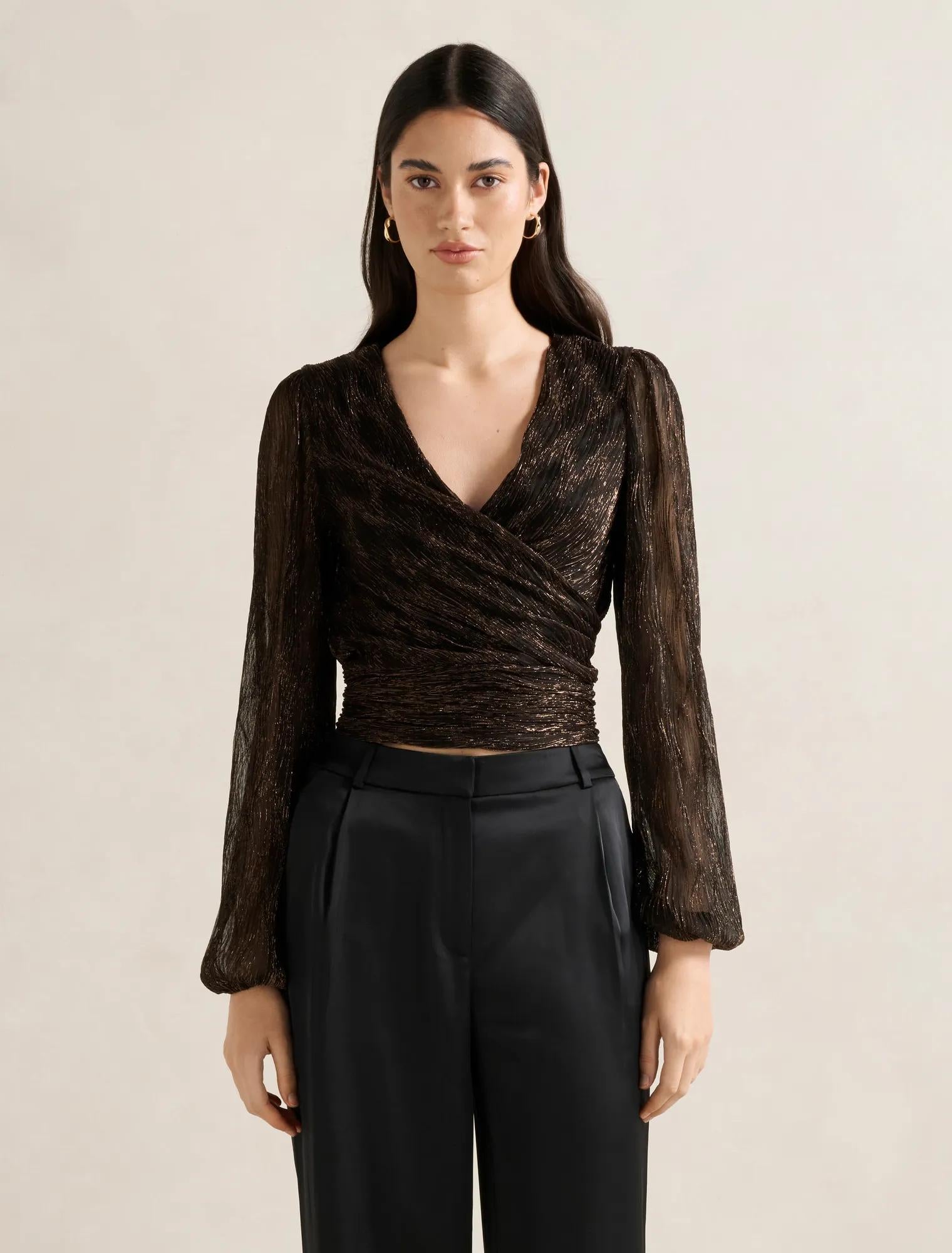 Odette Plisse Wrap Top Bronze