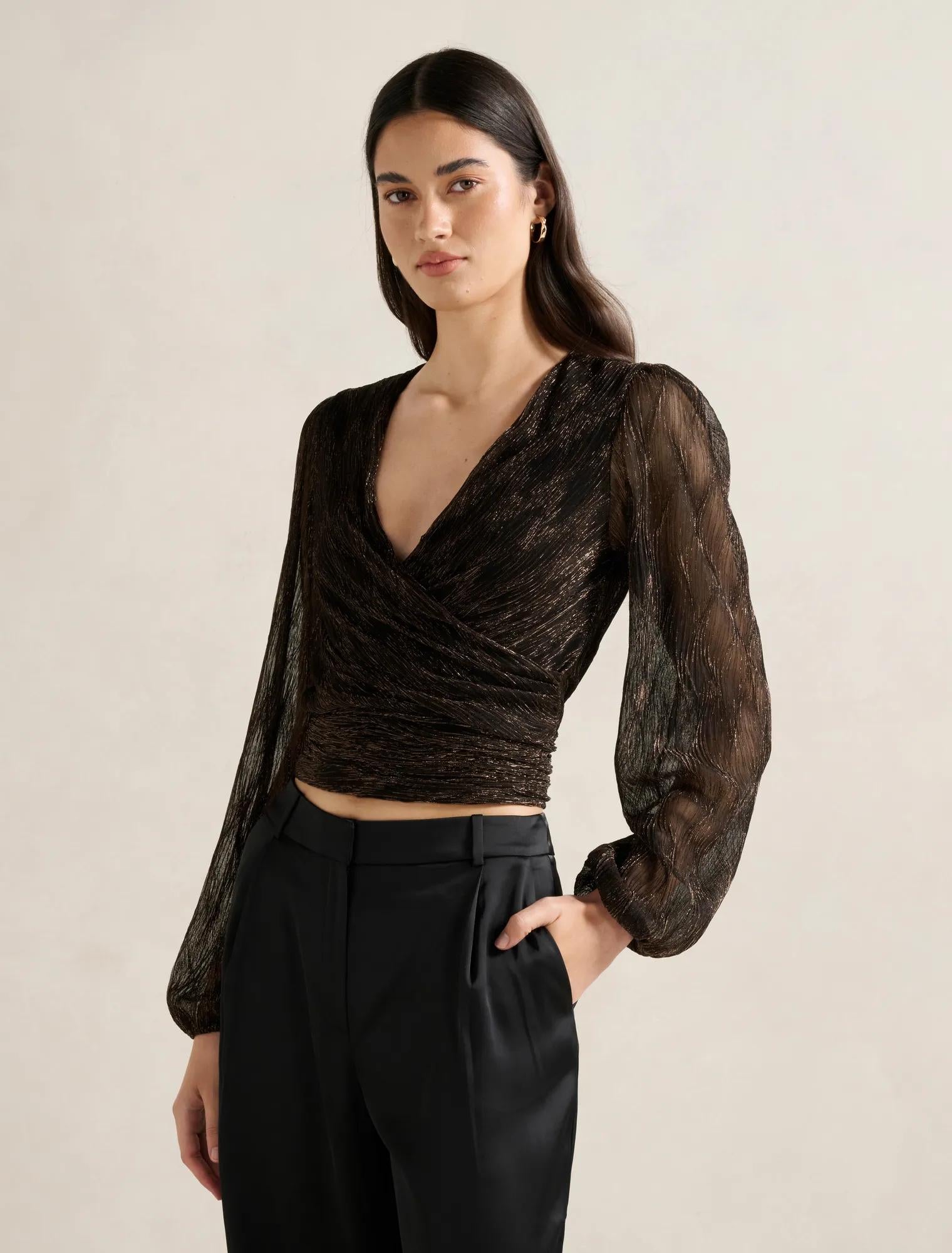 Odette Plisse Wrap Top Bronze