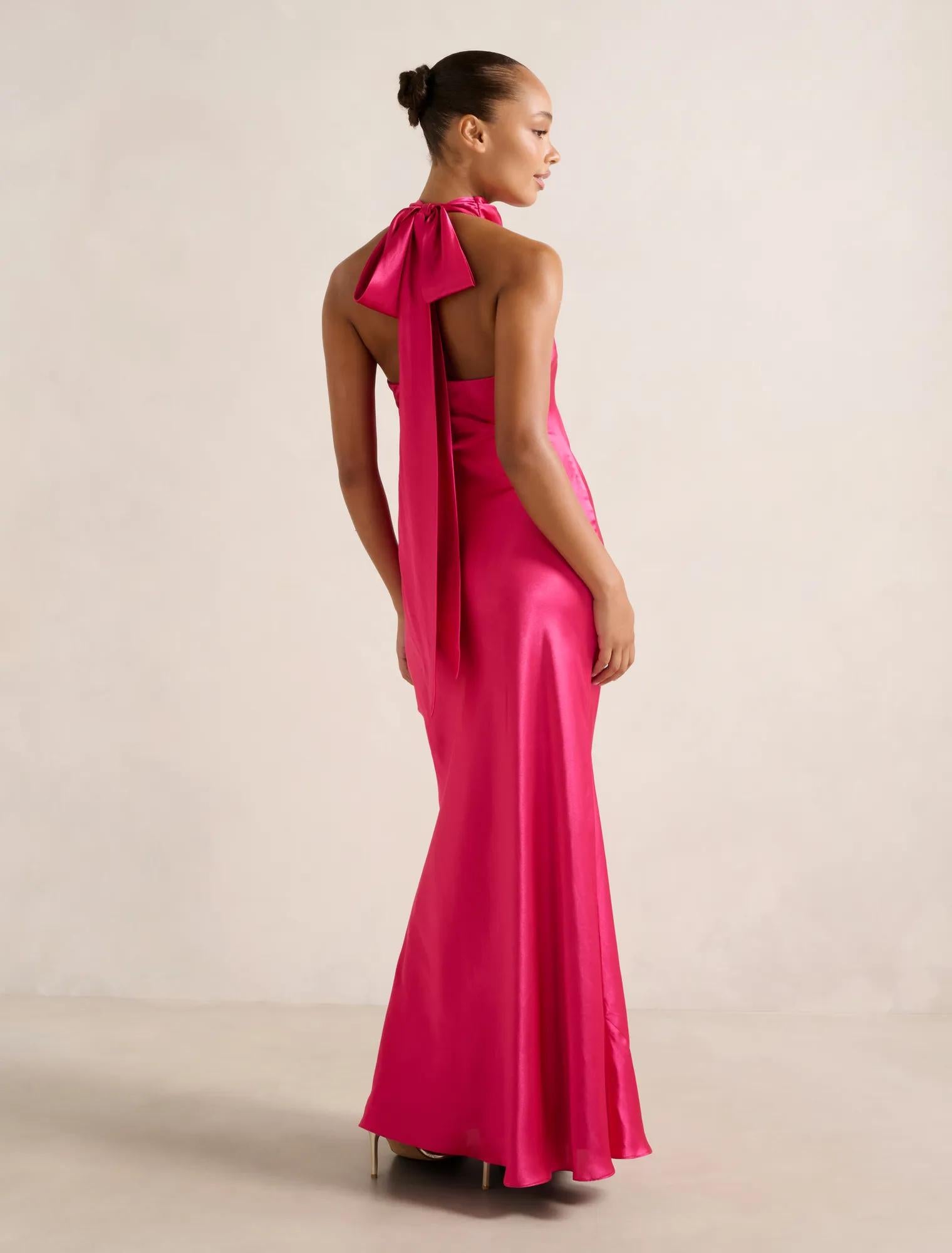 Clementine High Neck Satin Maxi Hot Pink