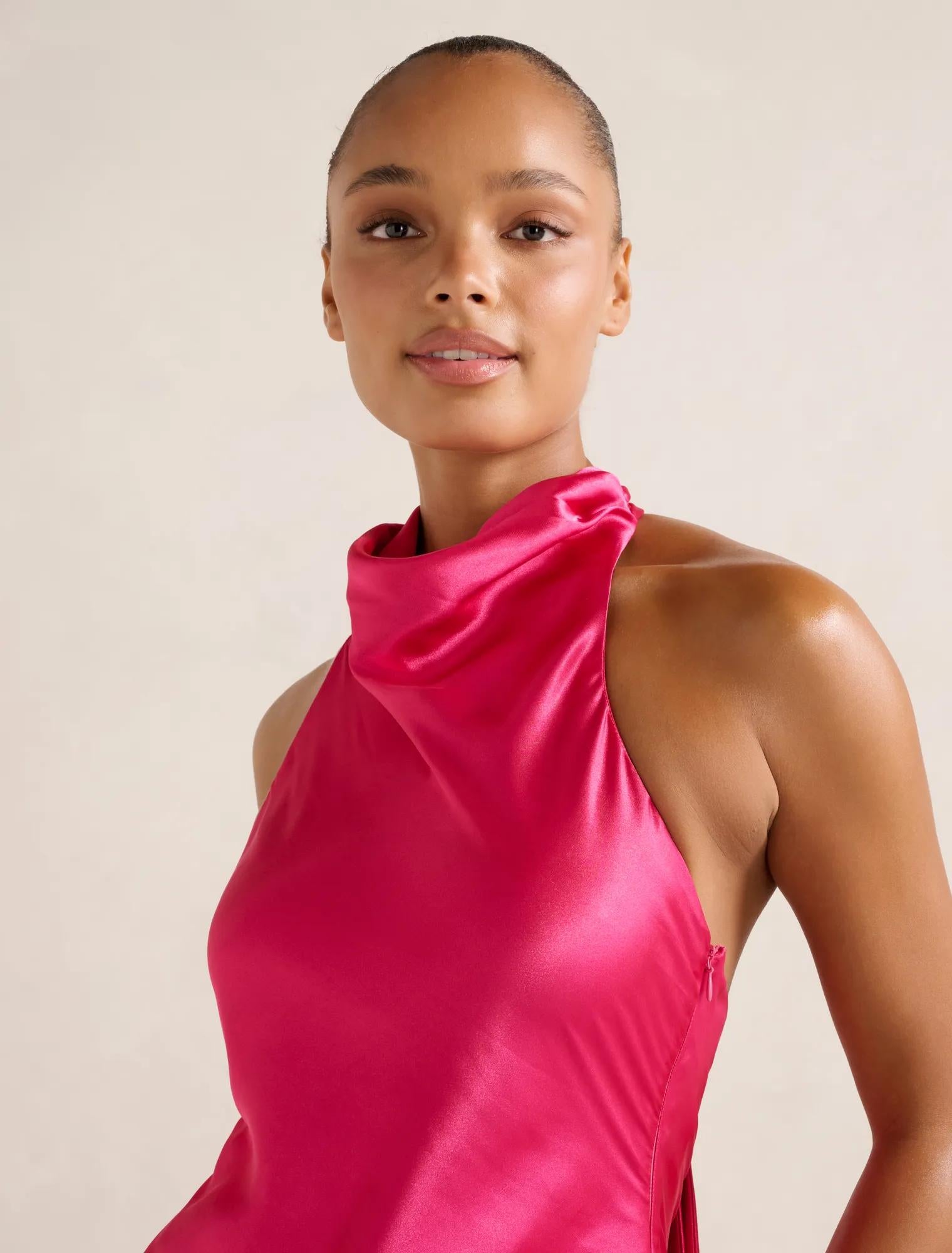 Clementine High Neck Satin Maxi Hot Pink