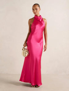 Clementine High Neck Satin Maxi Hot Pink