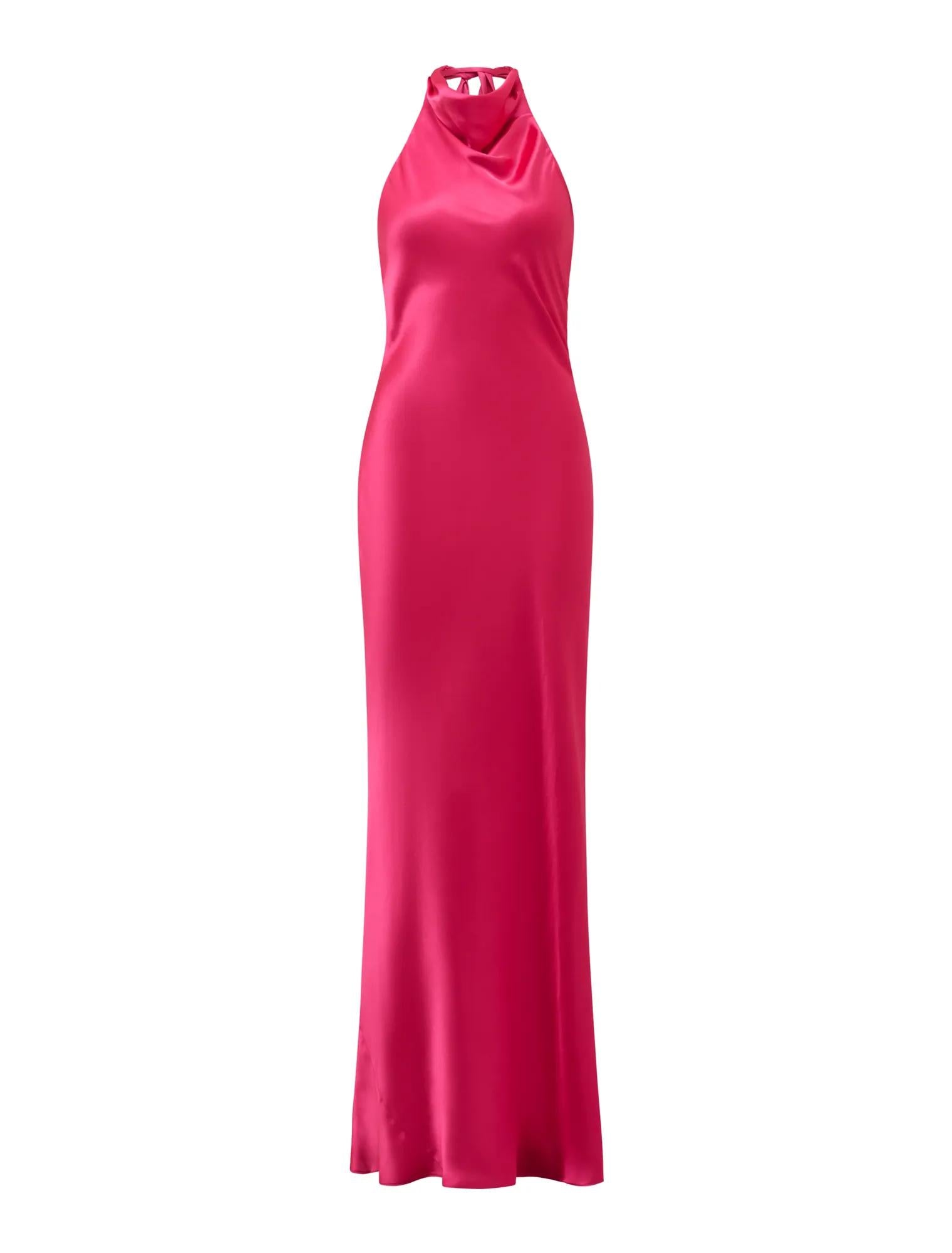 Clementine High Neck Satin Maxi Hot Pink_mannequin