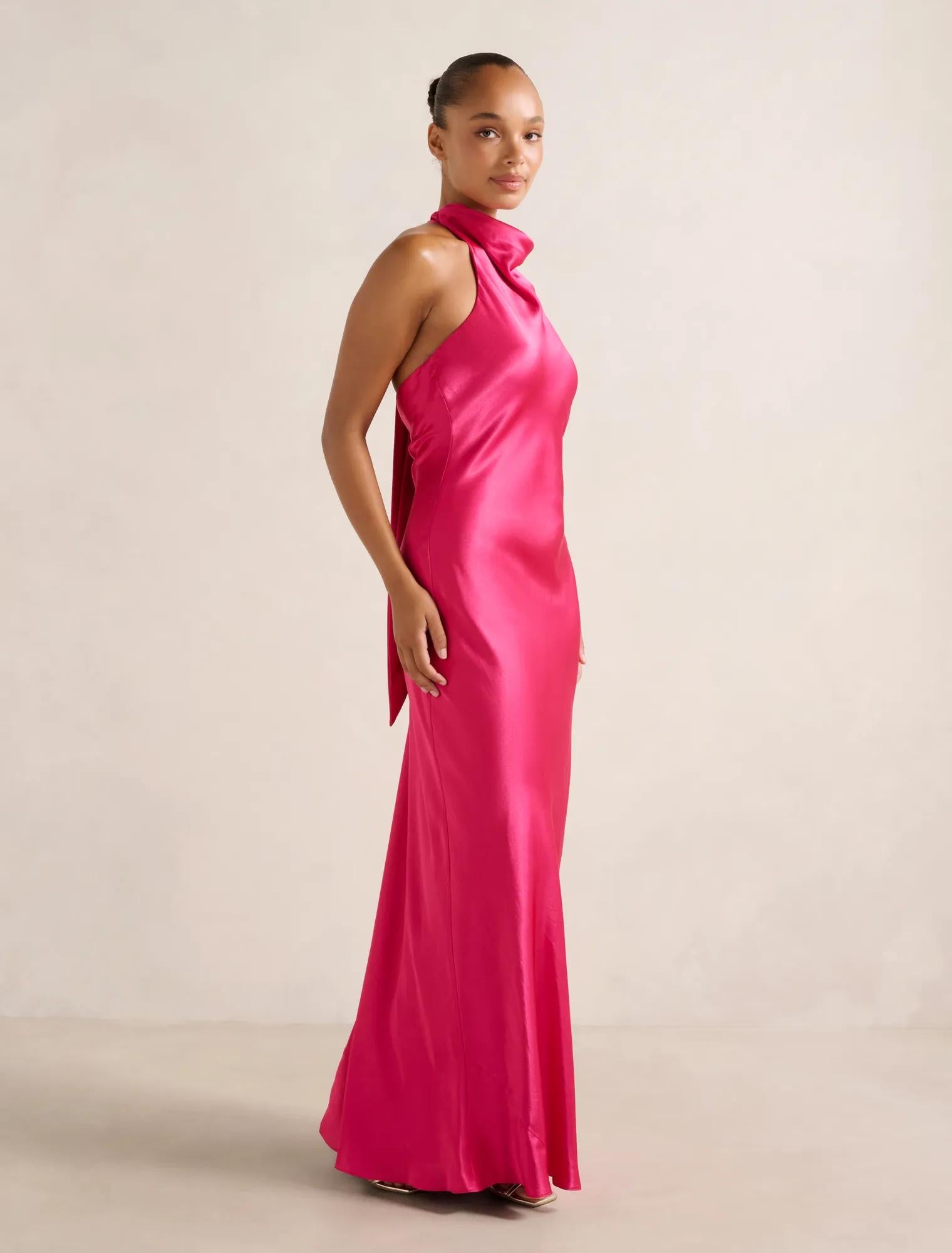 Clementine High Neck Satin Maxi Hot Pink