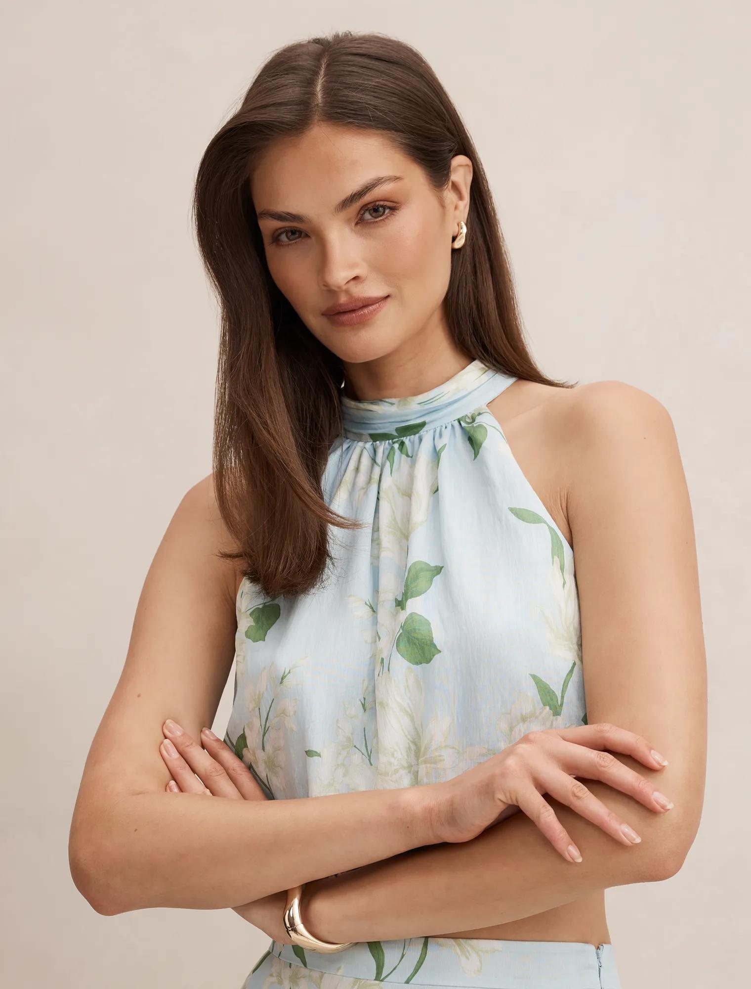 Maisie Halter Tie Up Top Blue Arna Floral Co-ord