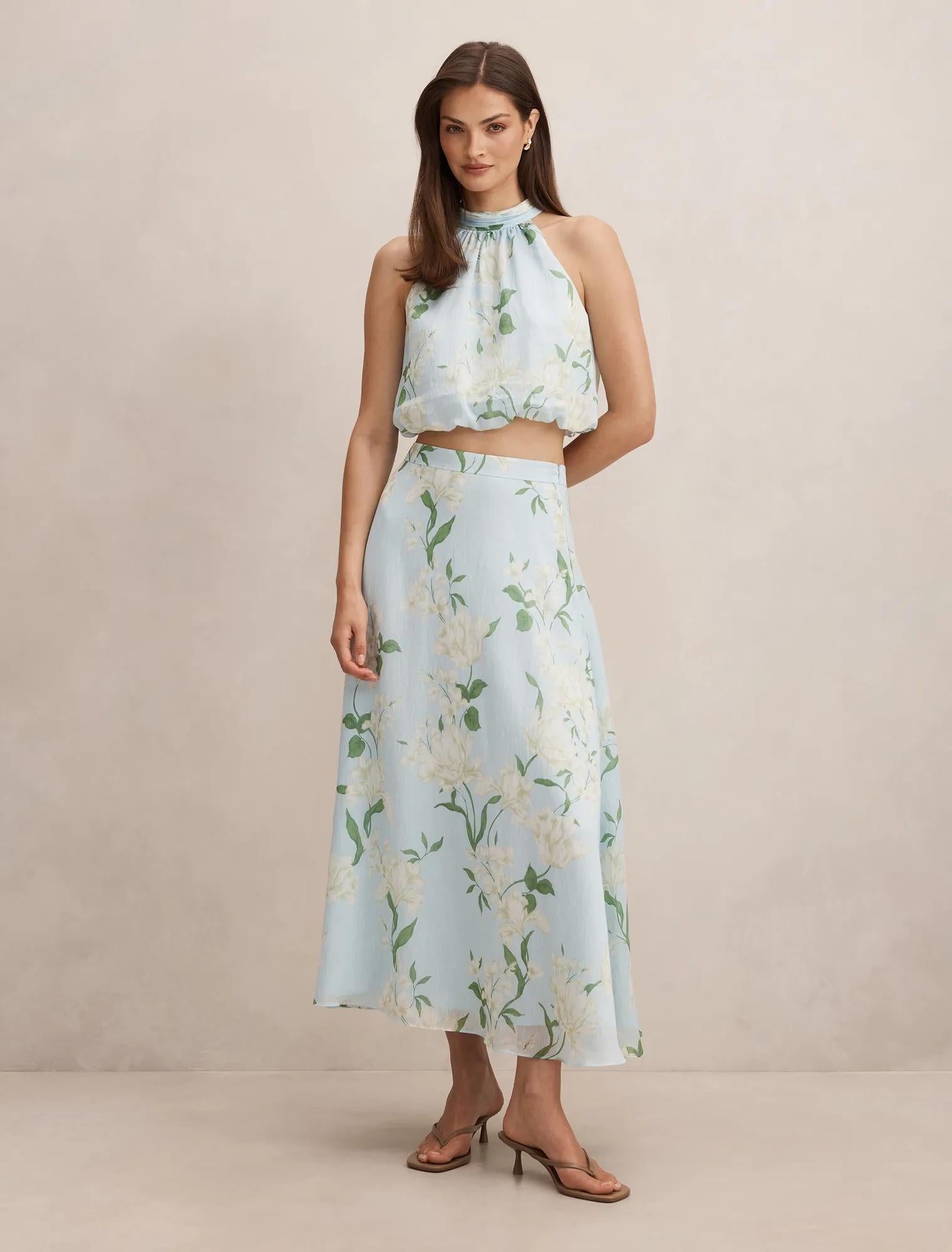 Maisie Halter Tie Up Top Blue Arna Floral Co-ord