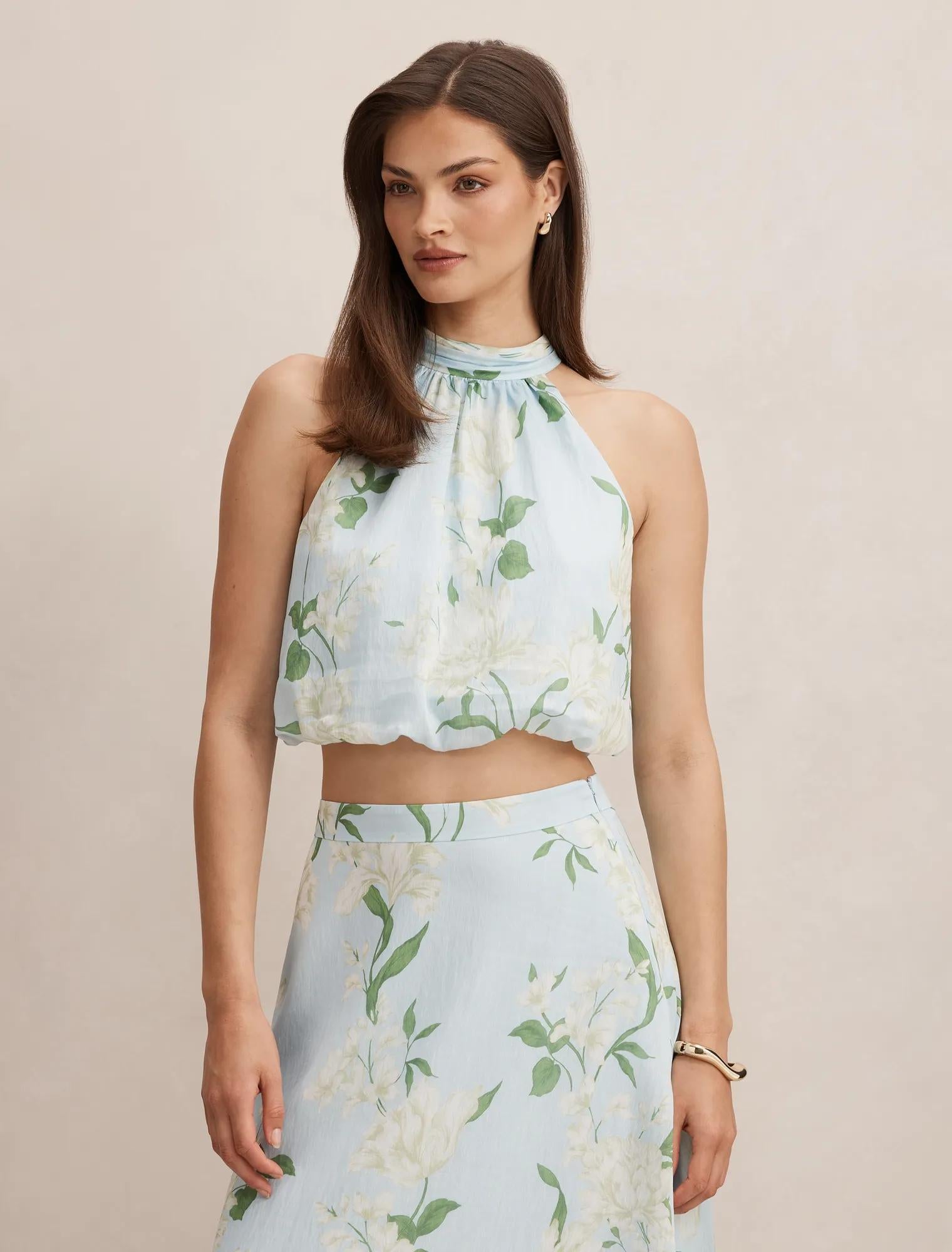 Maisie Halter Tie Up Top Blue Arna Floral Co-ord