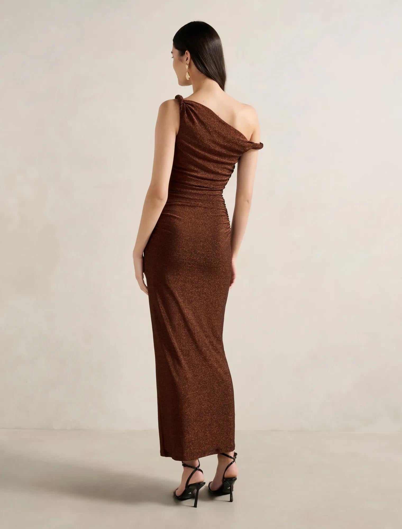 Vivian Asymmetric Twist Maxi Dress Bronze