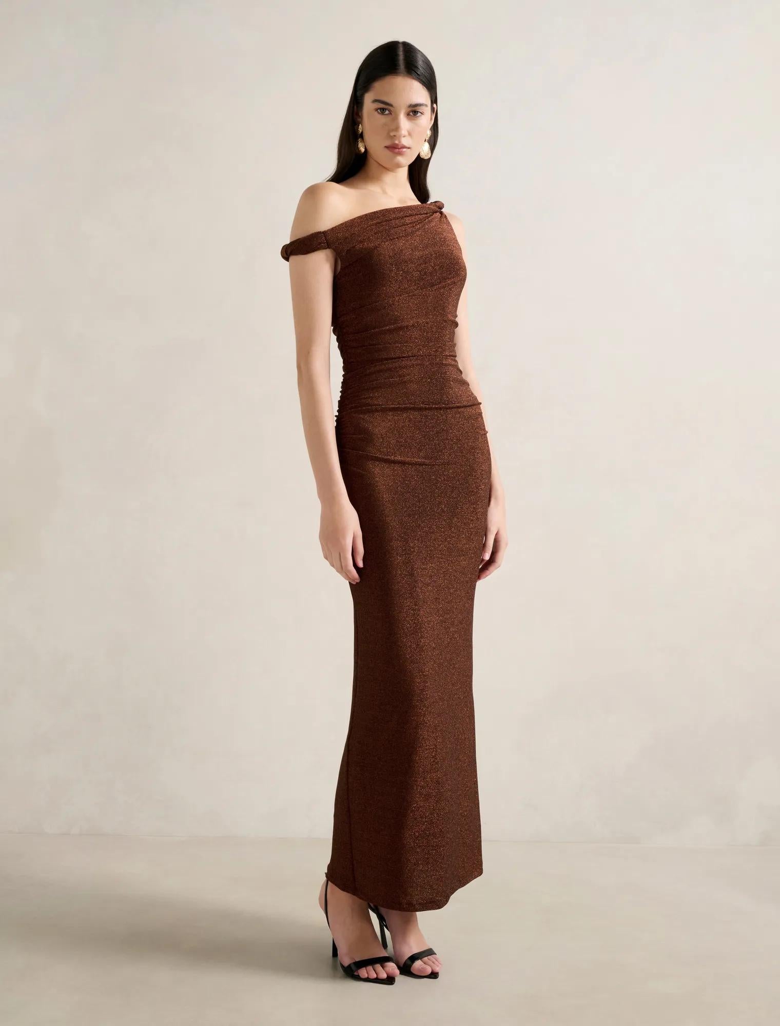 Vivian Asymmetric Twist Maxi Dress Bronze