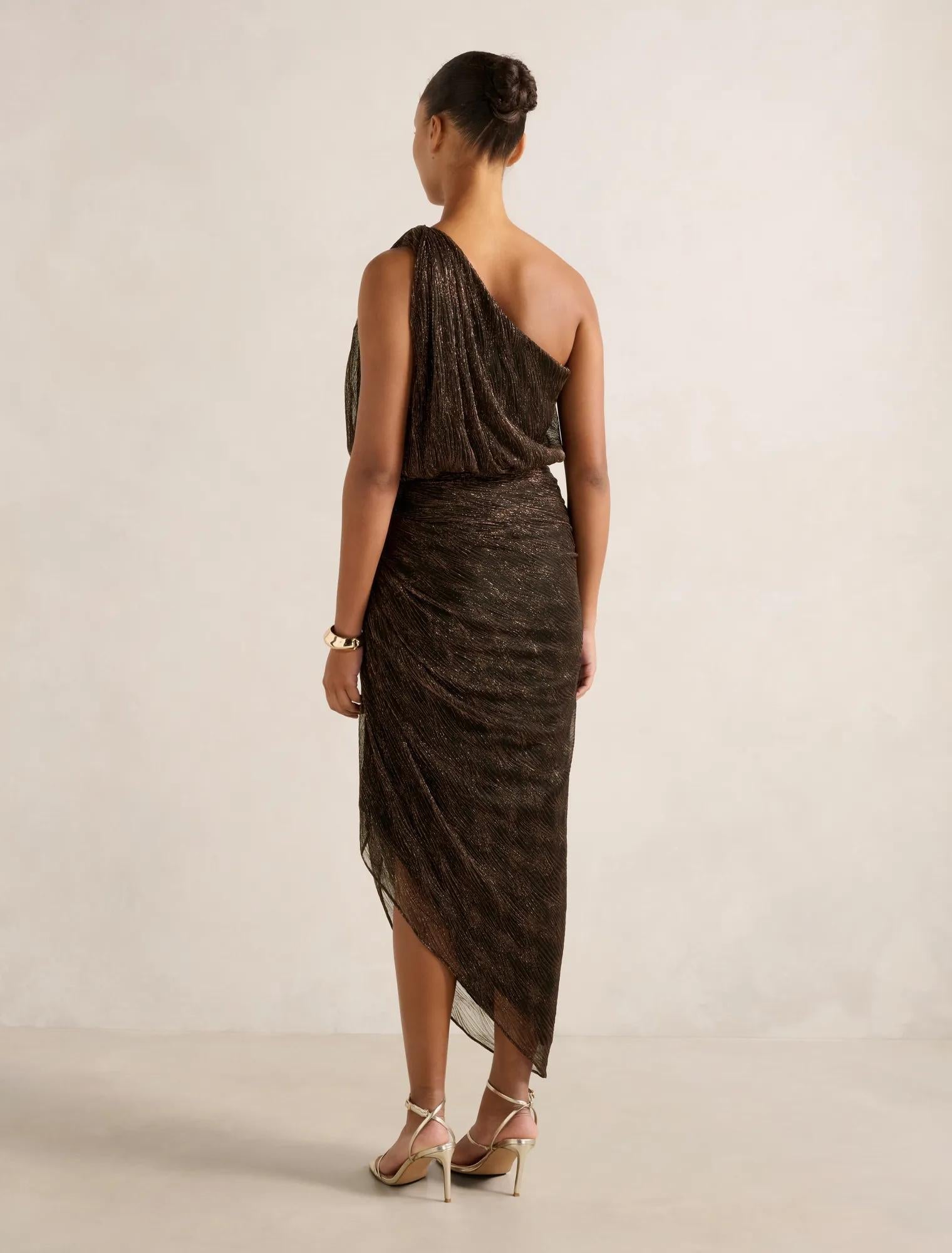 Cassidy One Shoulder Plisse Midi Dress Bronze