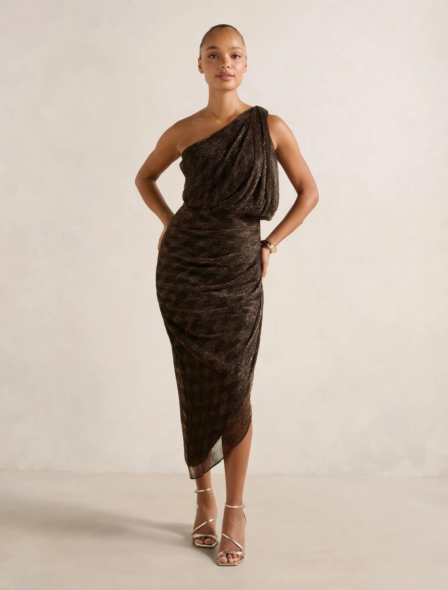 Cassidy One Shoulder Plisse Midi Dress Bronze