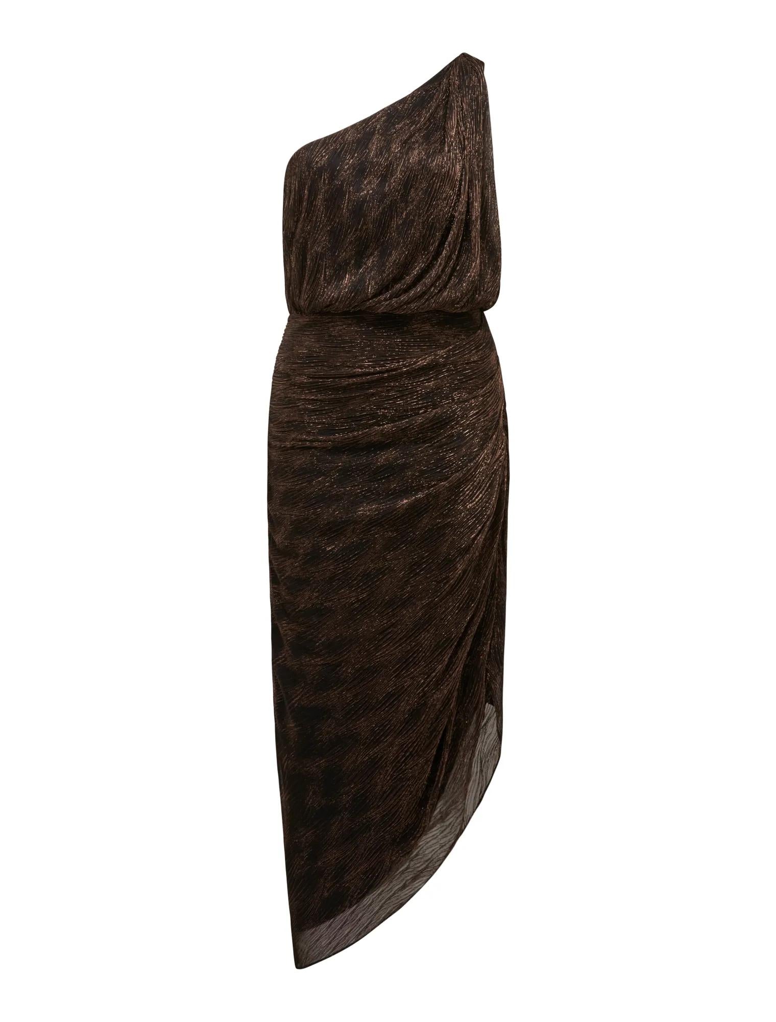 Cassidy One Shoulder Plisse Midi Dress Bronze