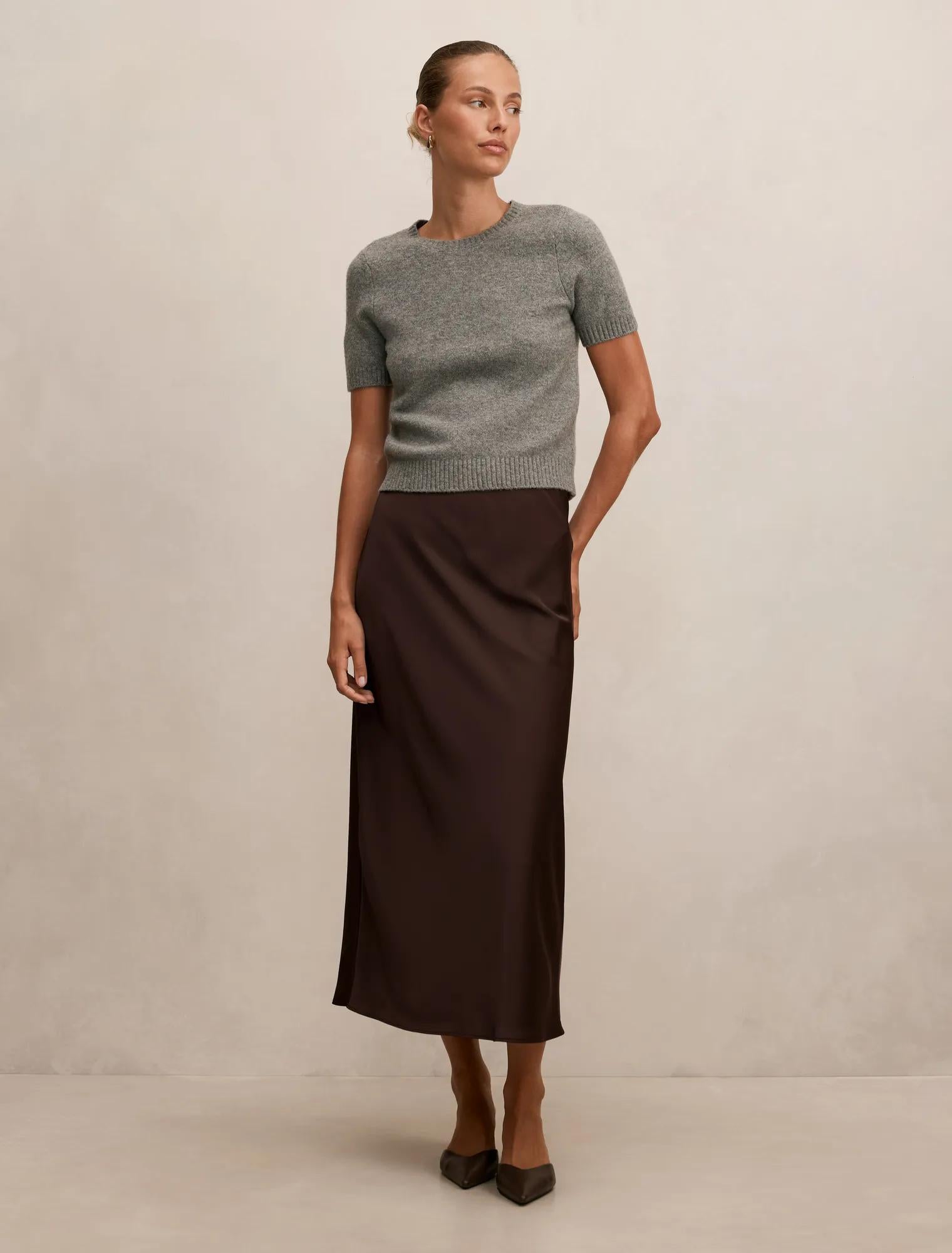 Sally Satin Column Maxi Skirt Chocolate