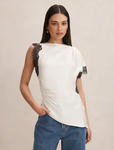 Dixie Asymmetric Lace Top Cream / Black