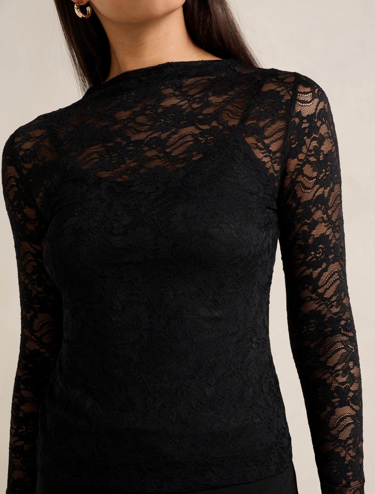 Henley High Neck Lace Top Black
