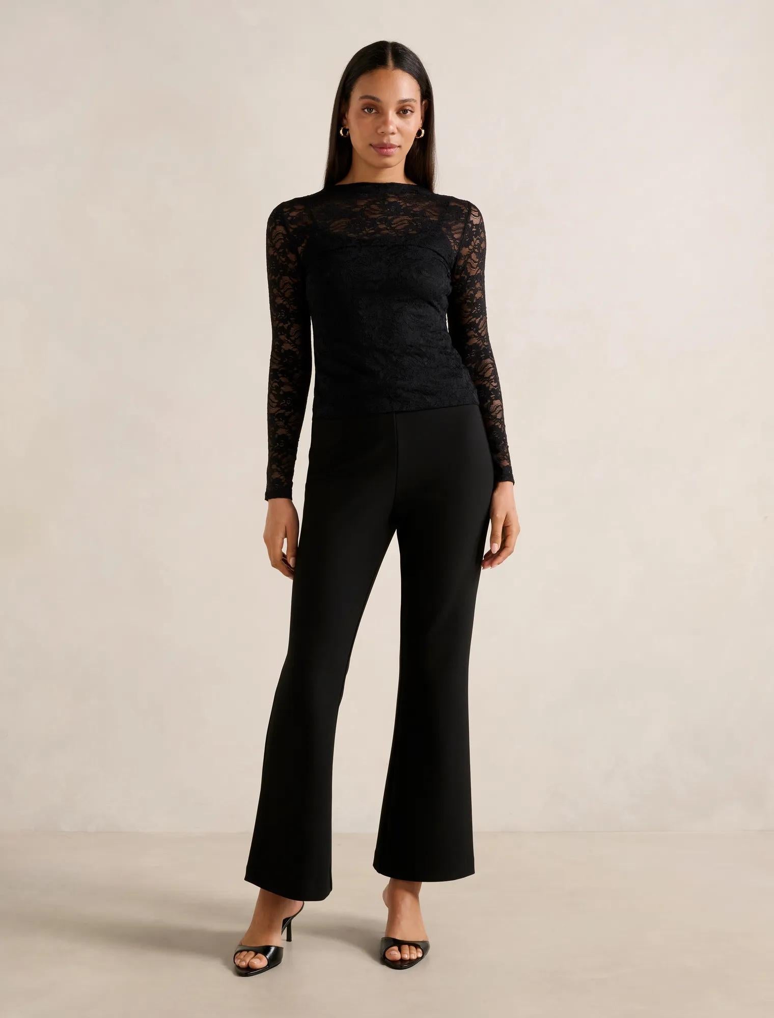 Henley High Neck Lace Top Black