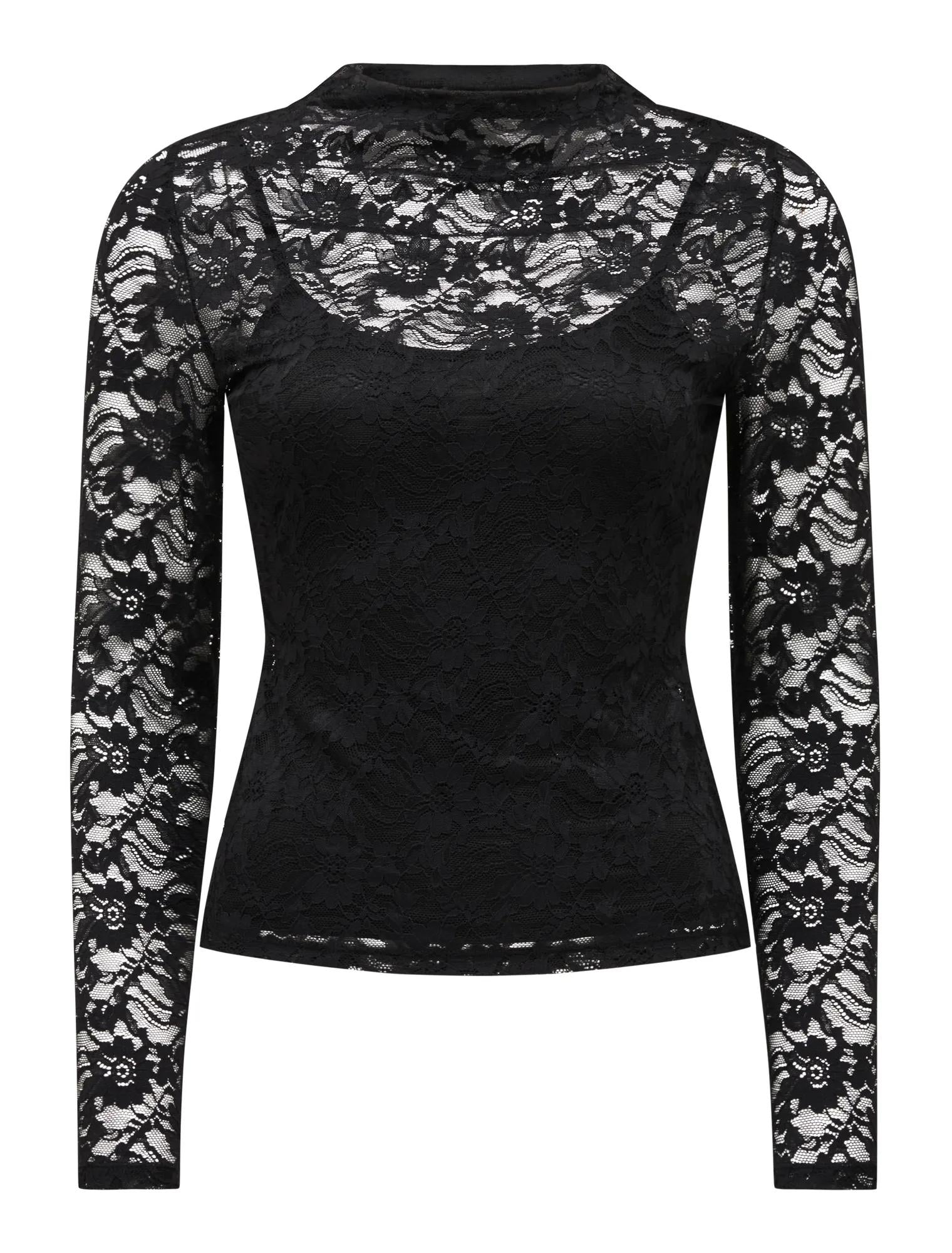Henley High Neck Lace Top Black