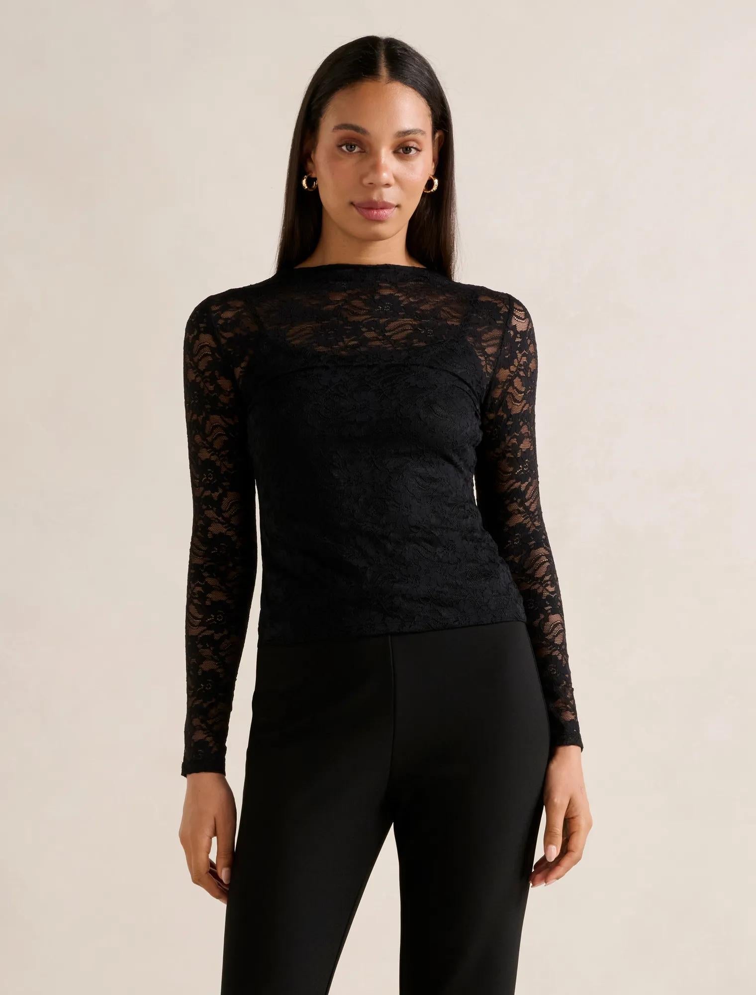 Henley High Neck Lace Top Black