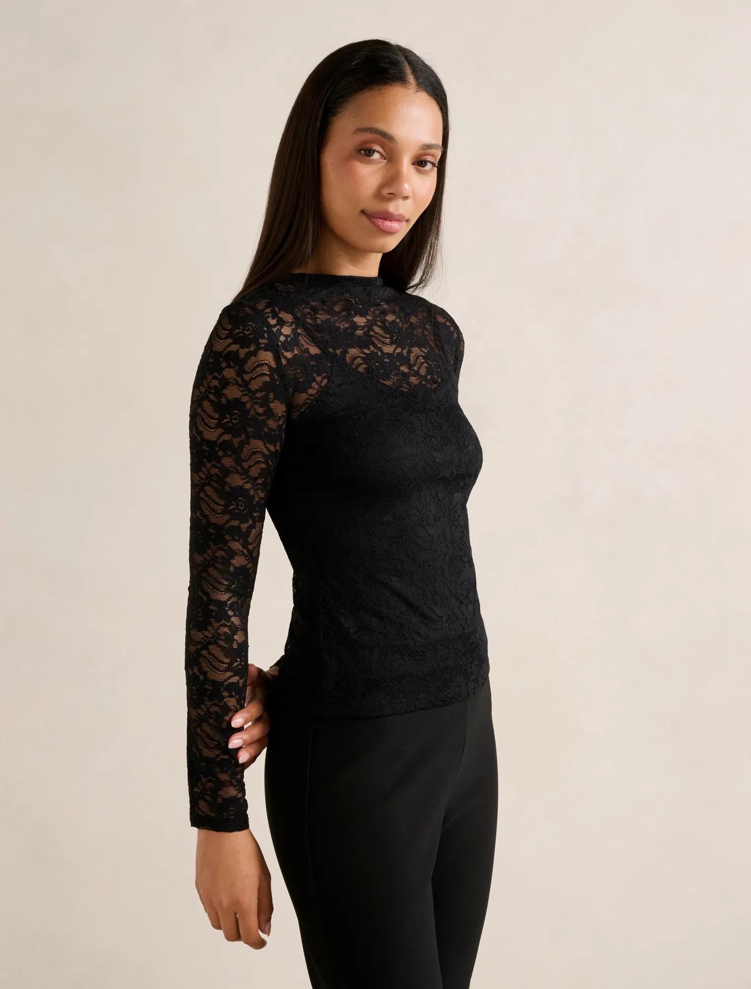 Henley High Neck Lace Top Black