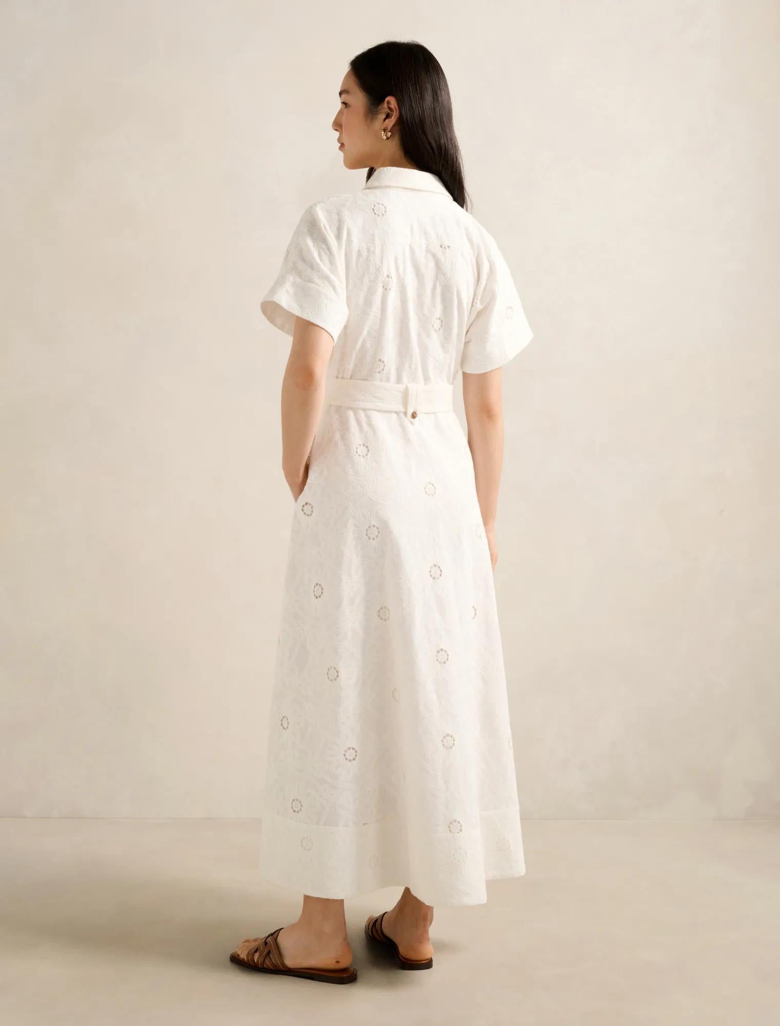Valeria Short Sleeve Broderie Midi Dress Porcelain