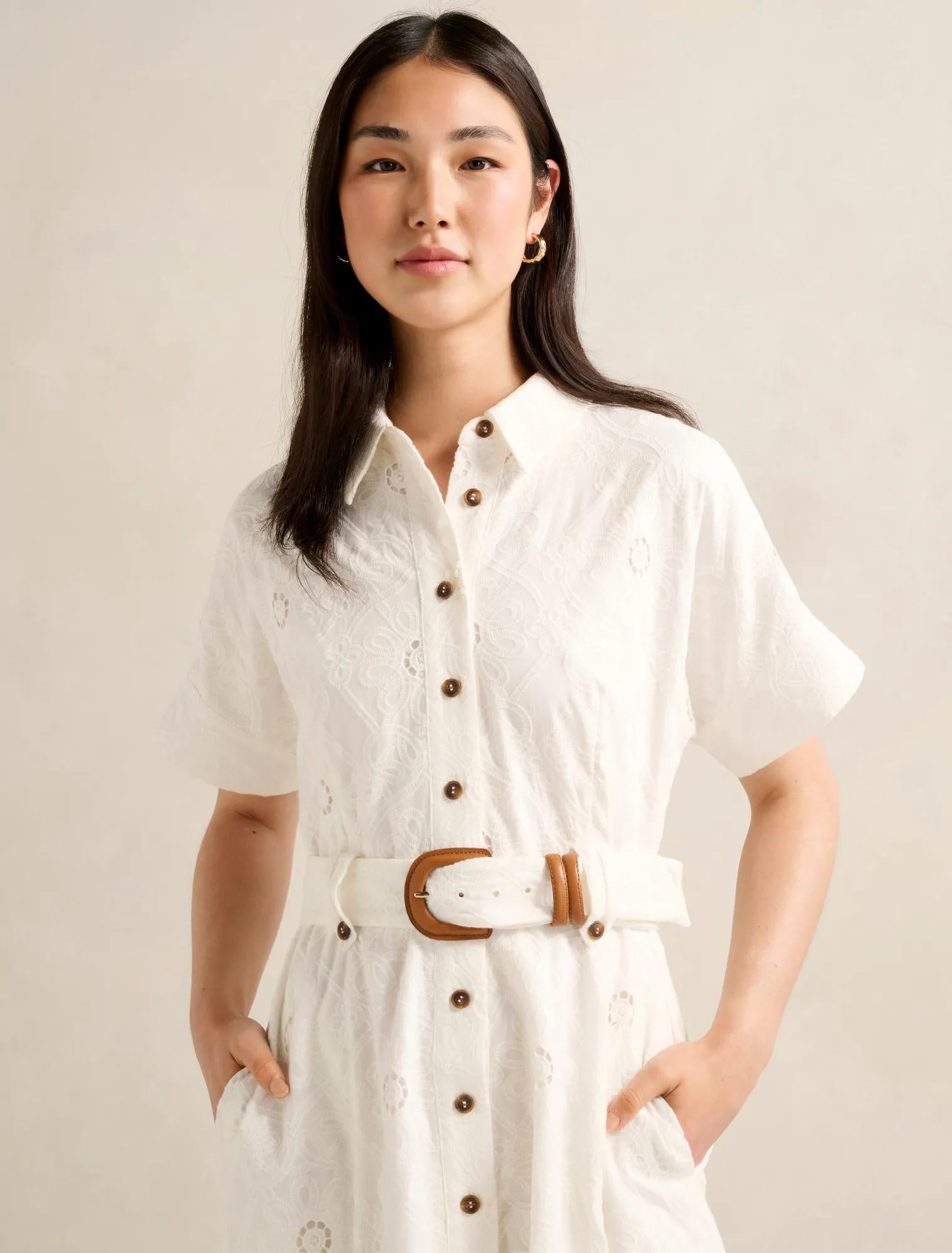 Valeria Short Sleeve Broderie Midi Dress Porcelain