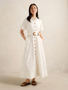 Valeria Short Sleeve Broderie Midi Dress Porcelain