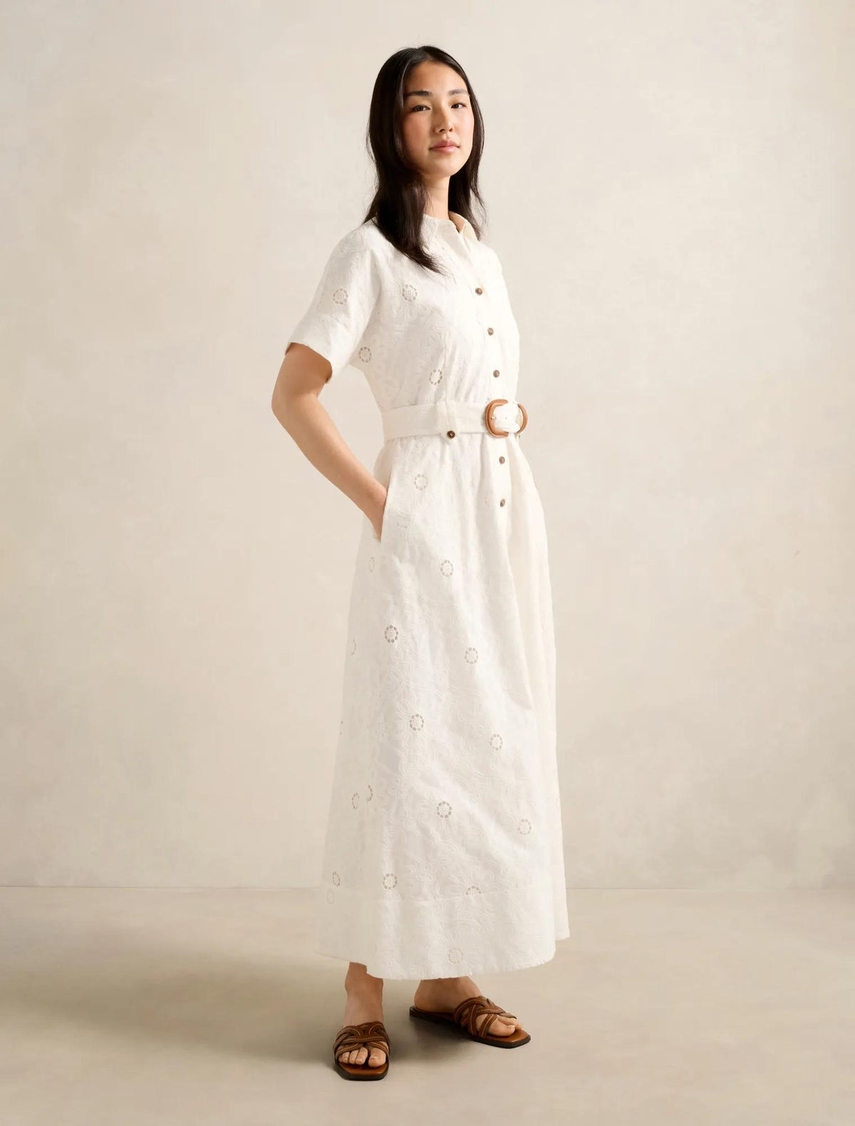 Valeria Short Sleeve Broderie Midi Dress Porcelain