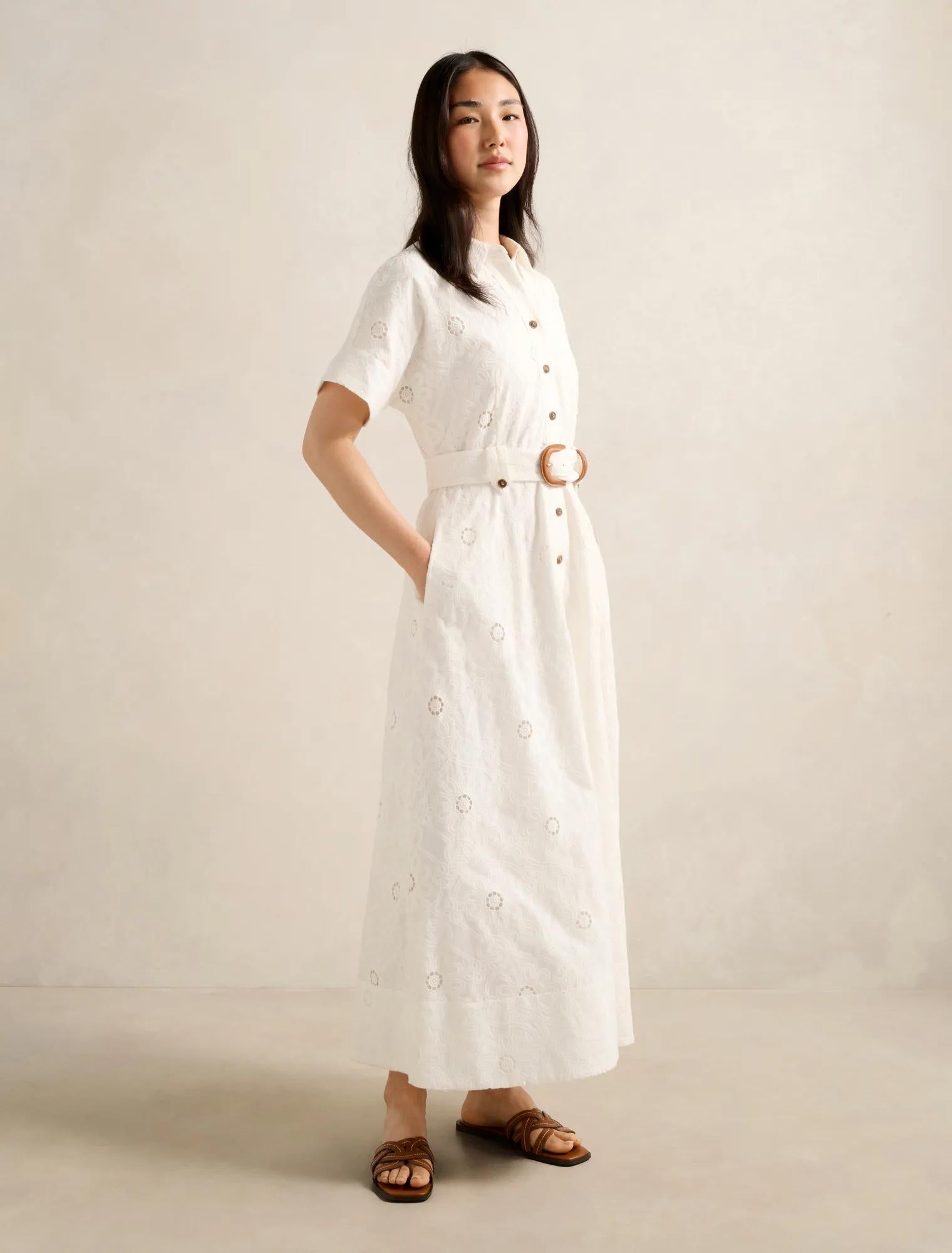 Valeria Short Sleeve Broderie Midi Dress Porcelain