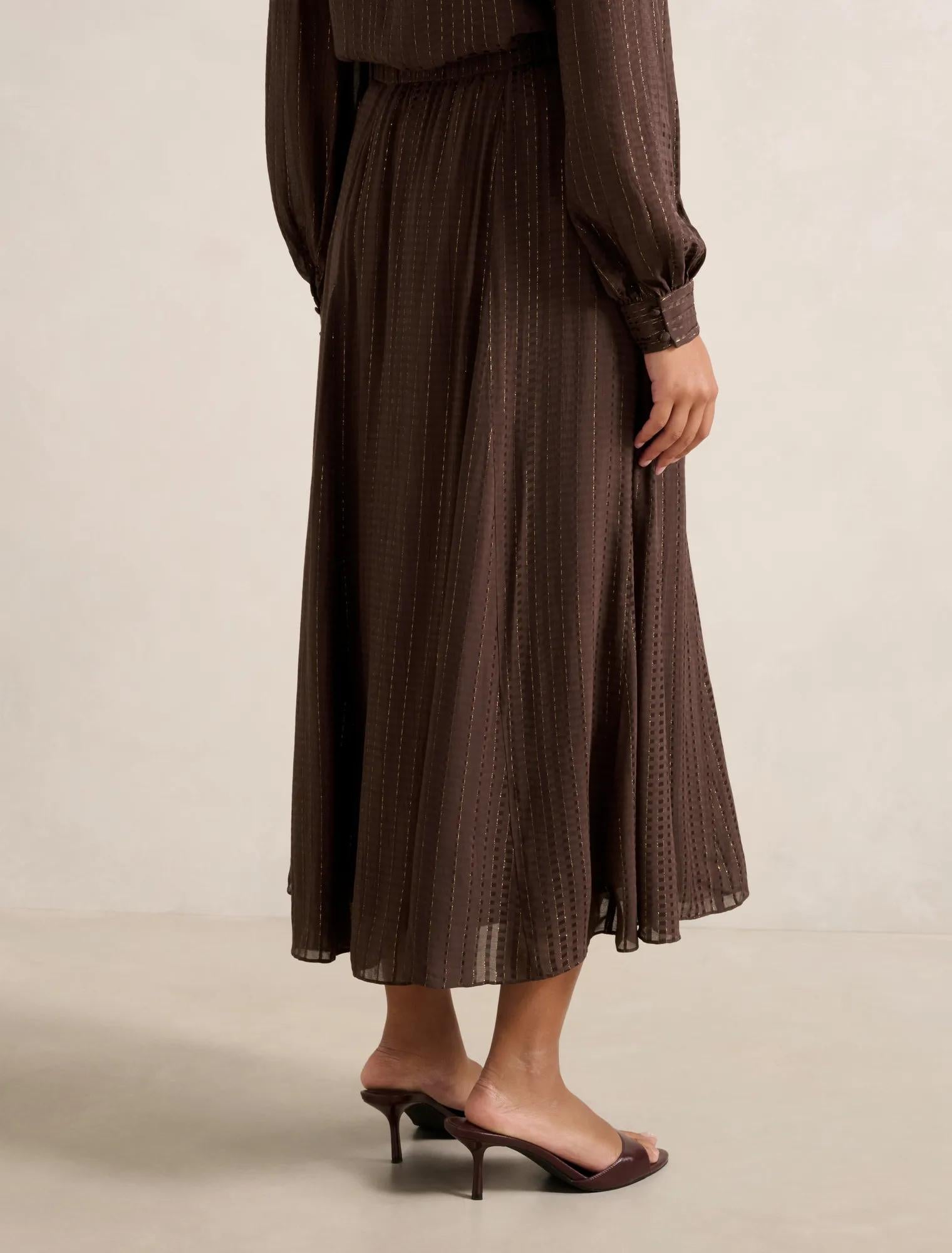 Preslee Godet Midi Skirt Chocolate Metalic Co-ord