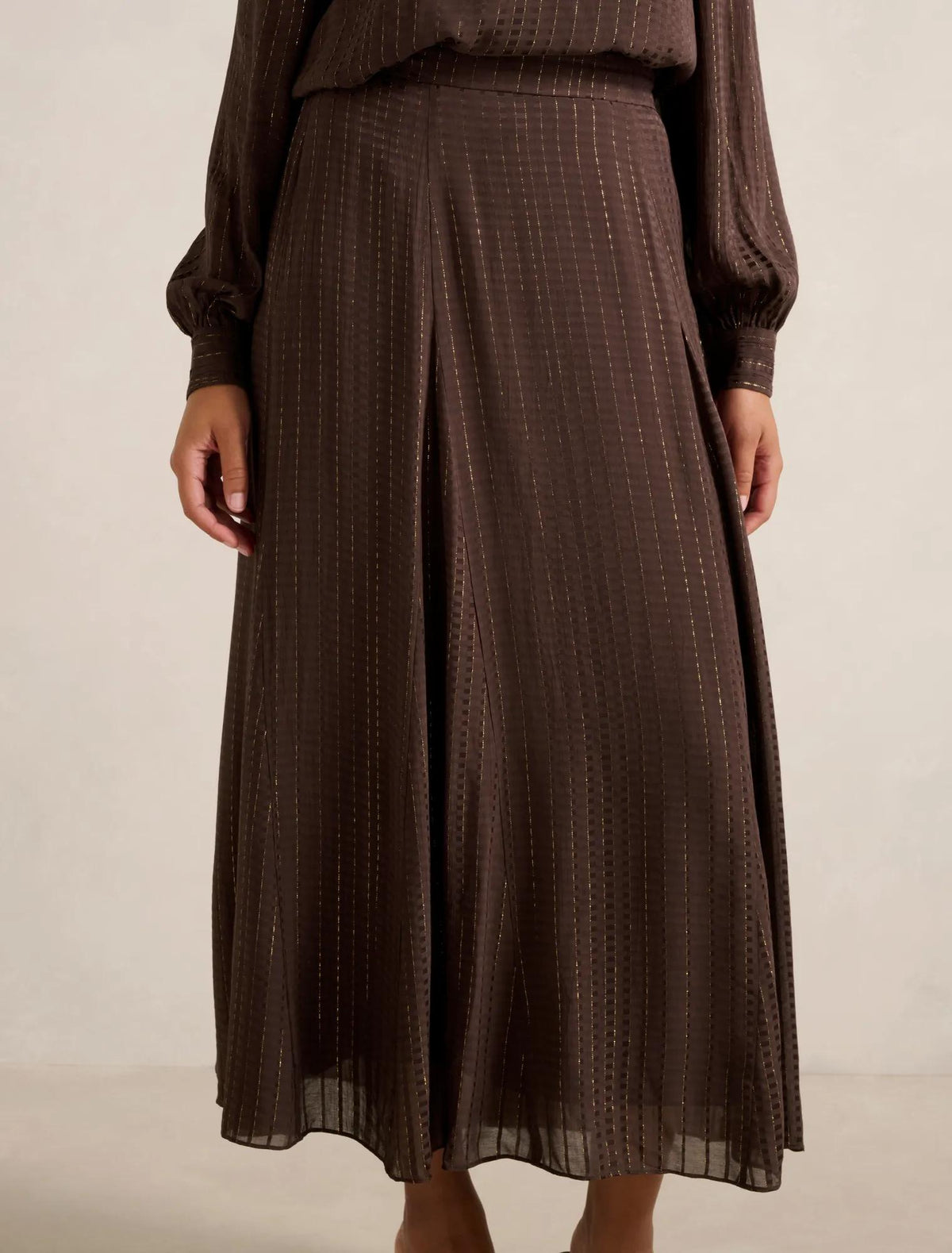 Preslee Godet Midi Skirt Chocolate Metalic Co-ord